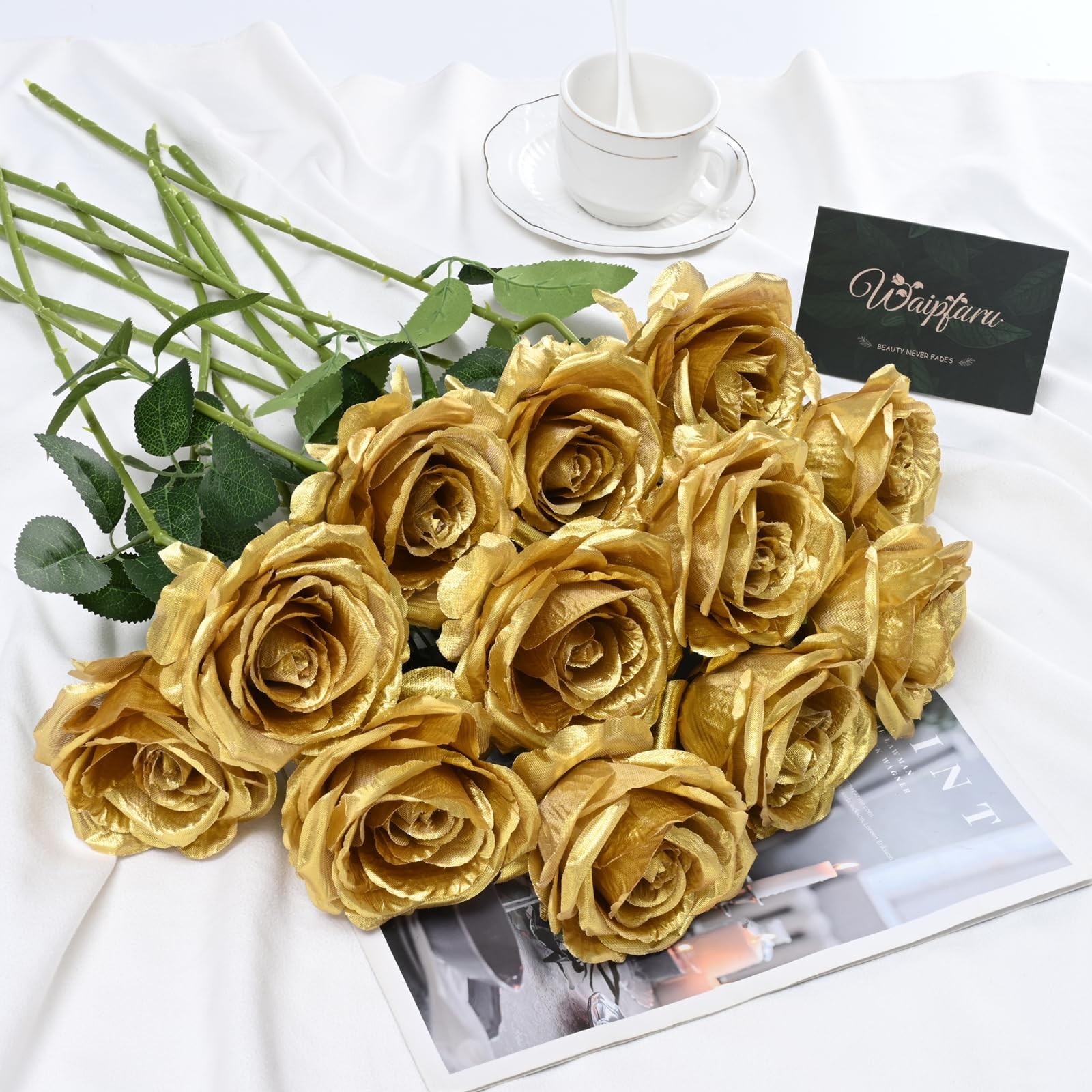 16 Pcs Fake Gold Roses Artificial Flowers with Long Stems, Rose Bouquet Silk …