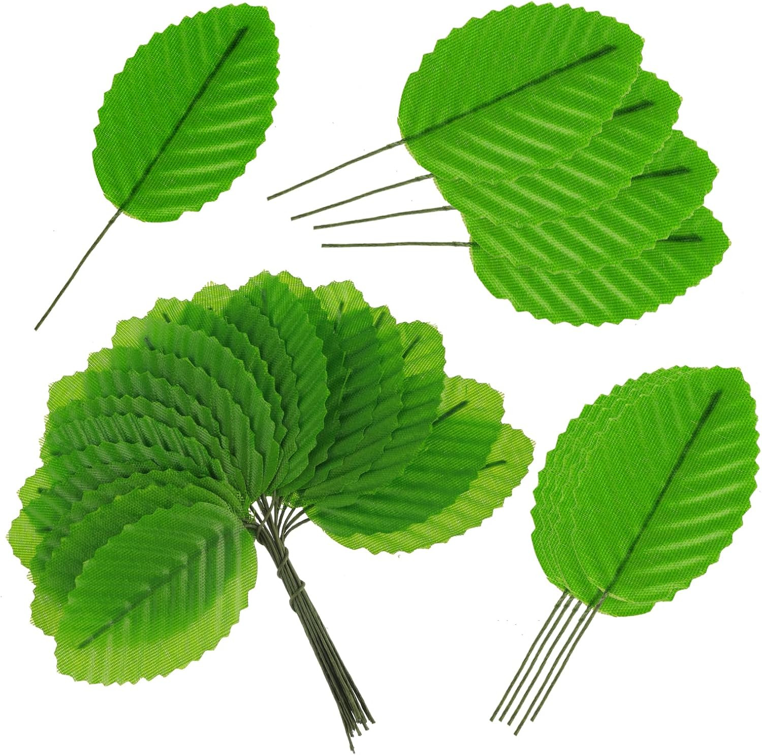 200 Pcs Green Silk Artificial Leaves – Fake, Faux Wired Single Leaf – Wire Craft