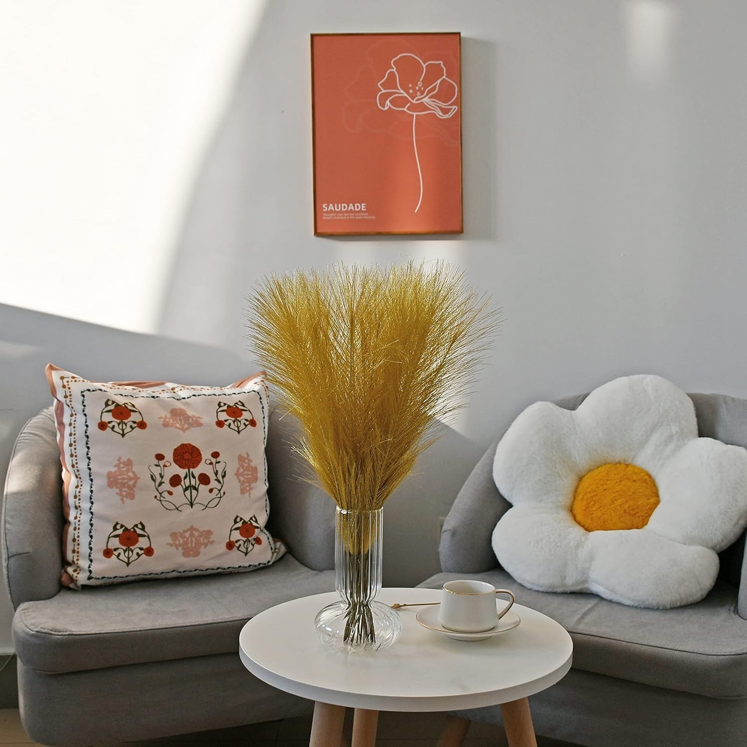 Gold Silk Pampas Grass Bouquet – 20 Fluffy Stems, 17.7in for Elegant Home Decor