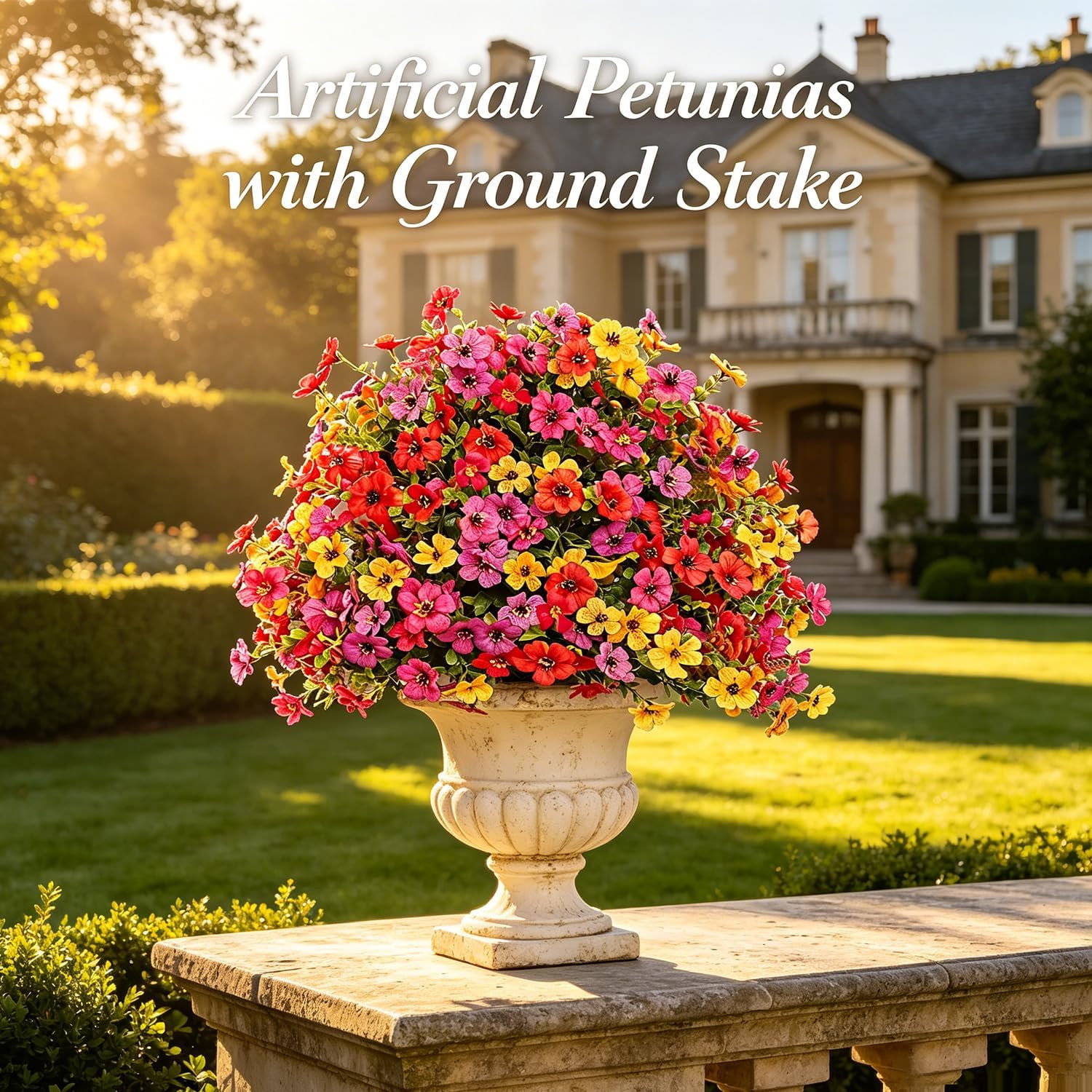 Artificial Petunias with Ground Stake, 22″ Faux Flowers for Outdoor Planters, Li