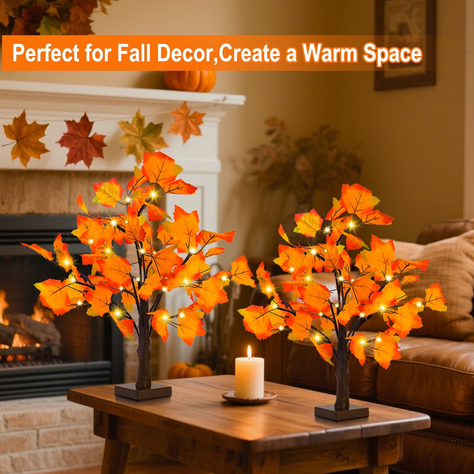 Fall Decor 2 Pack Fall Trees Artificial Lighted Maple Tree Thanksgiving Decor…