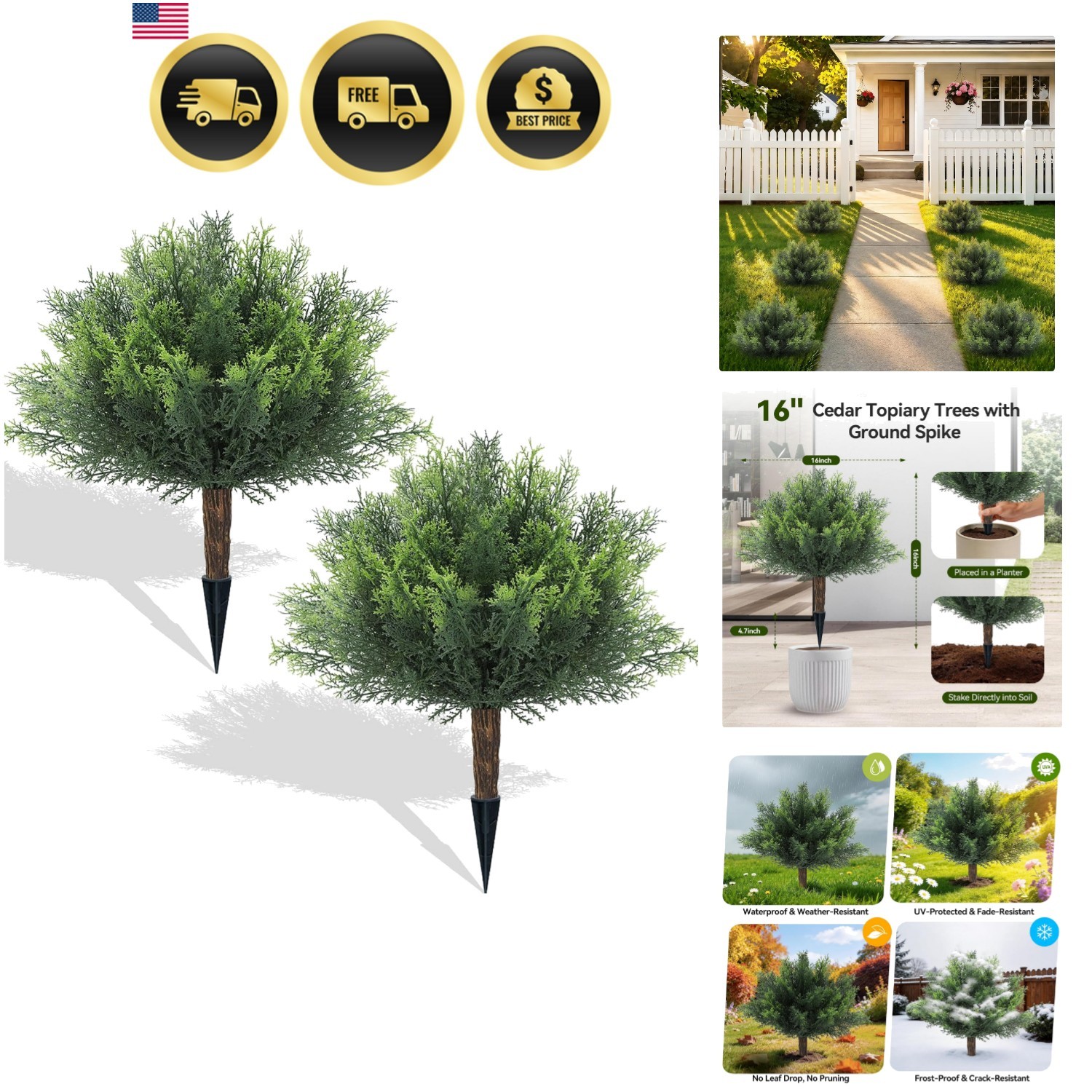 16″ Fake Bushes Outdoor, 2 Set of Cedar Shrubs Artificial Outdoor Plants with…