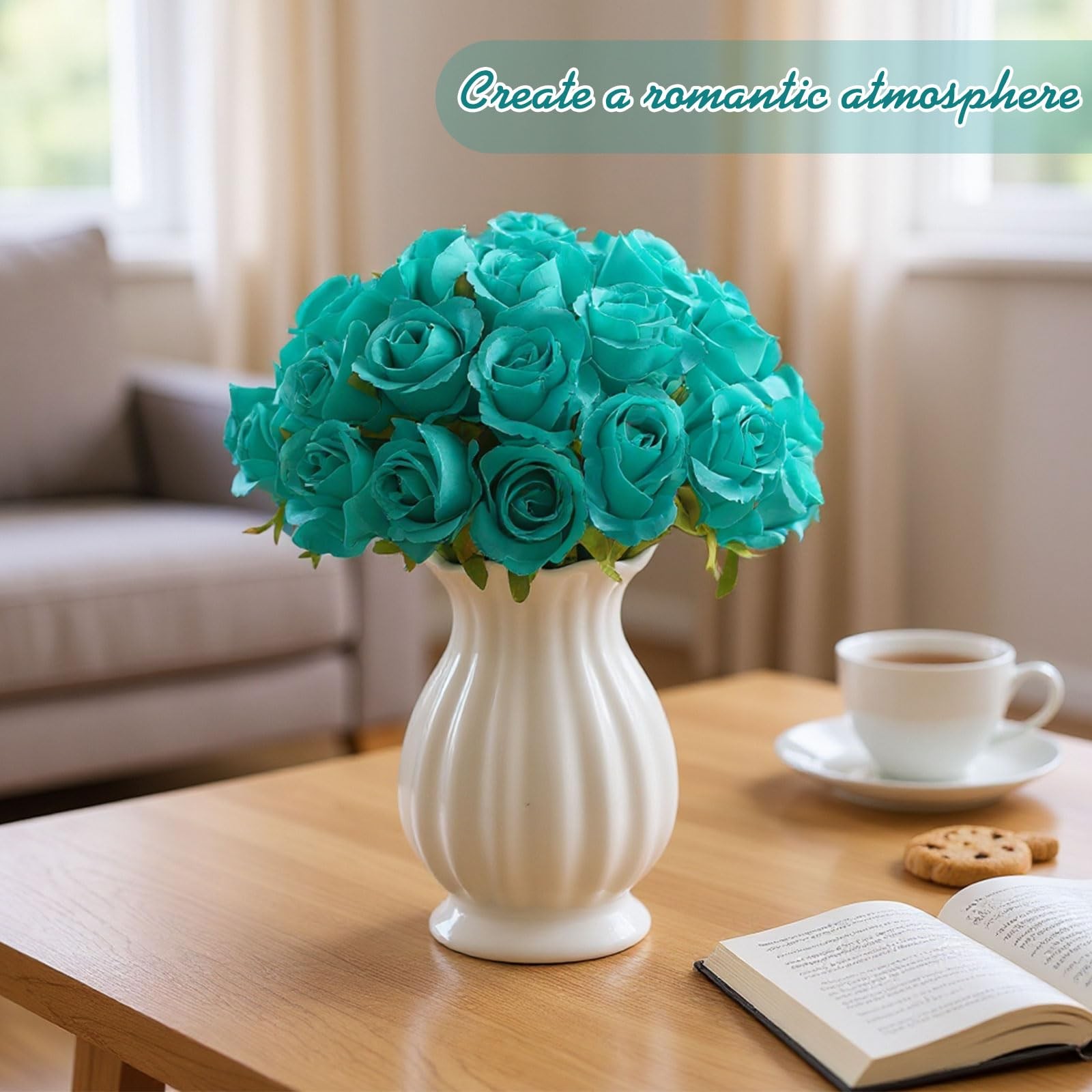 72 Heads Teal Artificial Flowers Turquoise Rose 6 Bouquet Wedding Decoration …