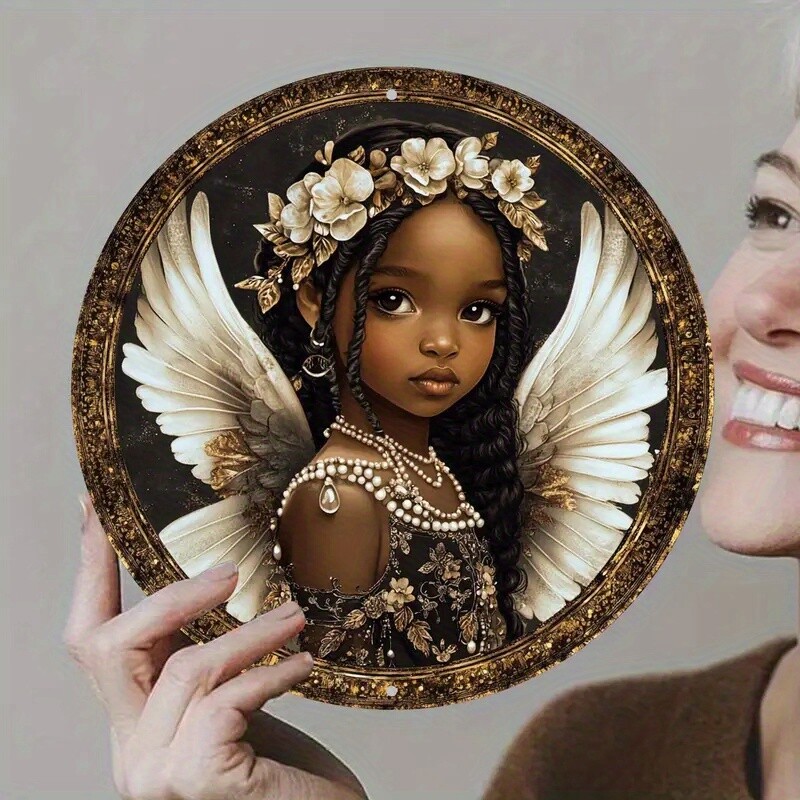 2D Round Flat Printed Acrylic African Angel Doll Sign Gold Cherub Sign