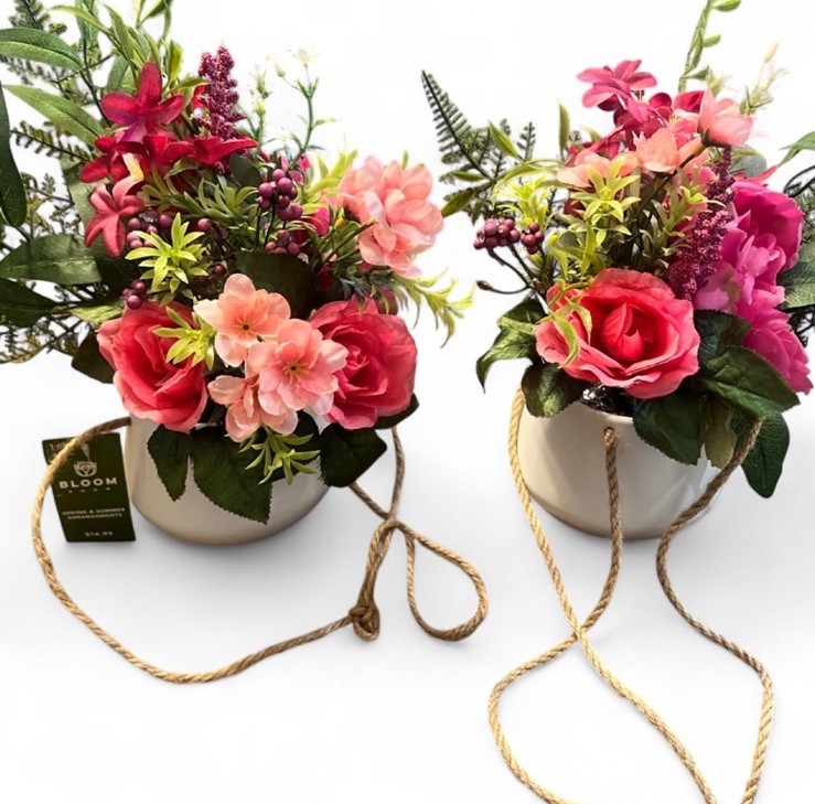 Set of 2 Artificial Rose Floral Arrangements Pink in Pots w/ Rope Cords hanging