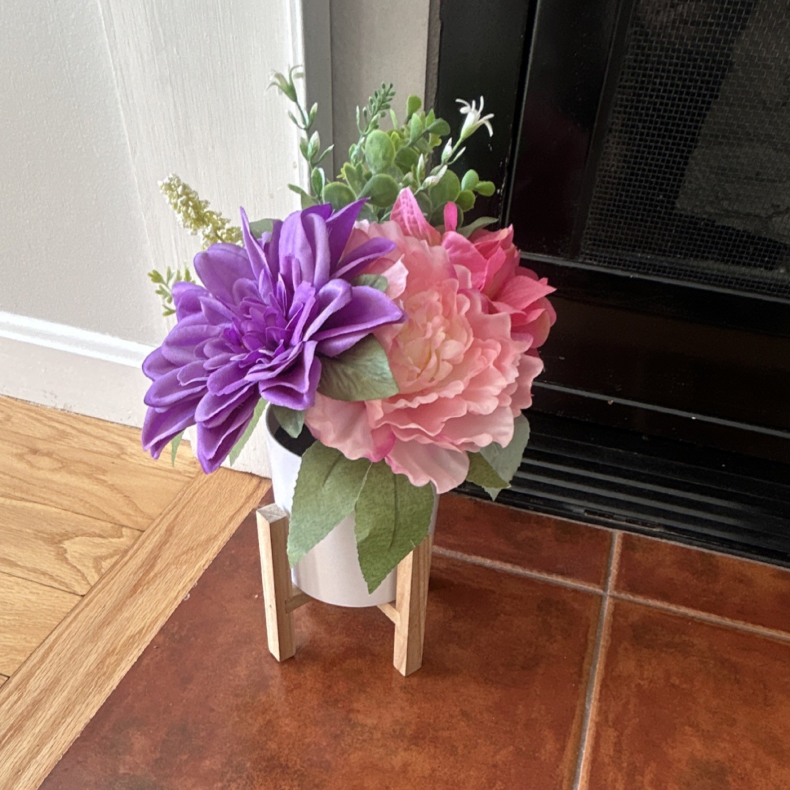 Artificial Dahlia & Peony Flower Arrangement in White Pot with Wooden Stand