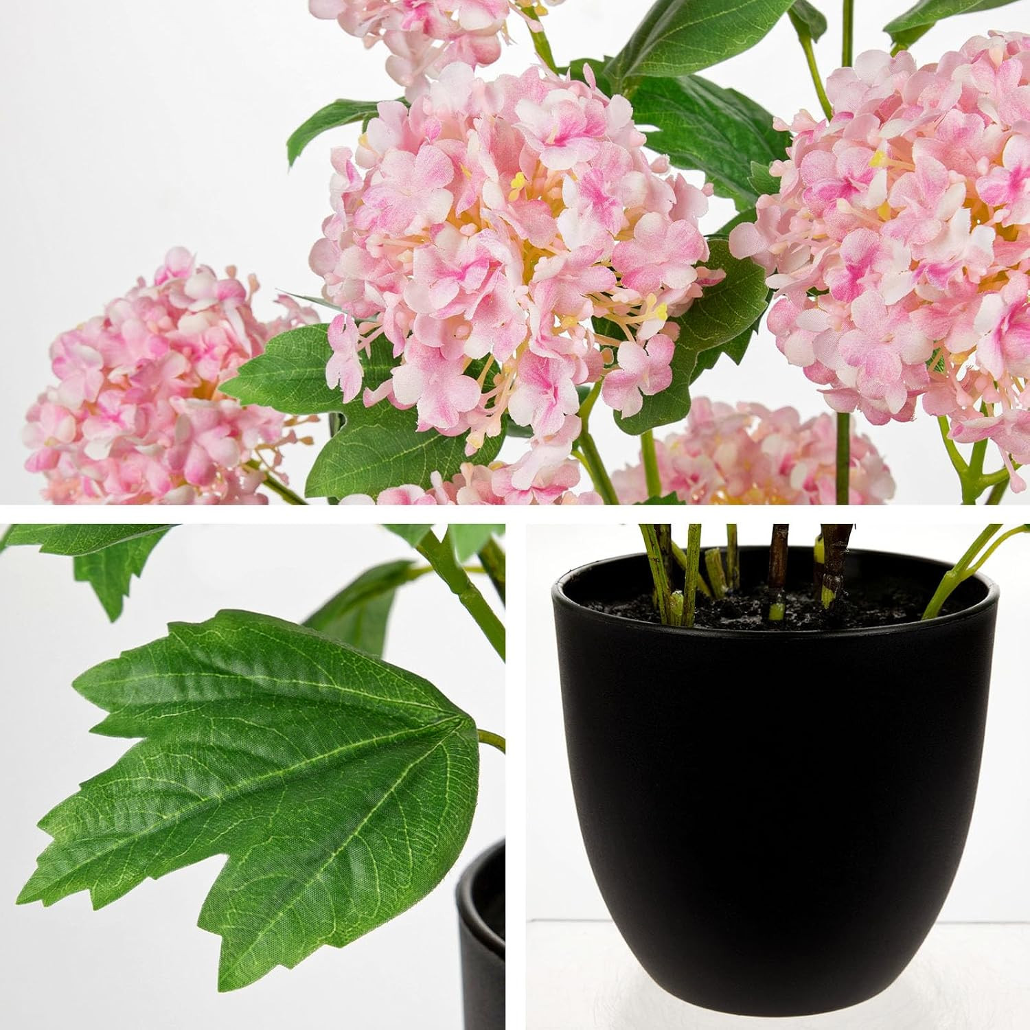 Realistic Pink Faux Hydrangea Plant in Pot – 13 Blooming Heads for Home Decor