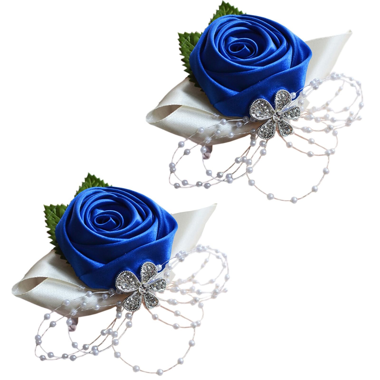 2 PCS Rhinestone Leaves Pearl Decoration Hand Flower Wedding Prom Dark Blue