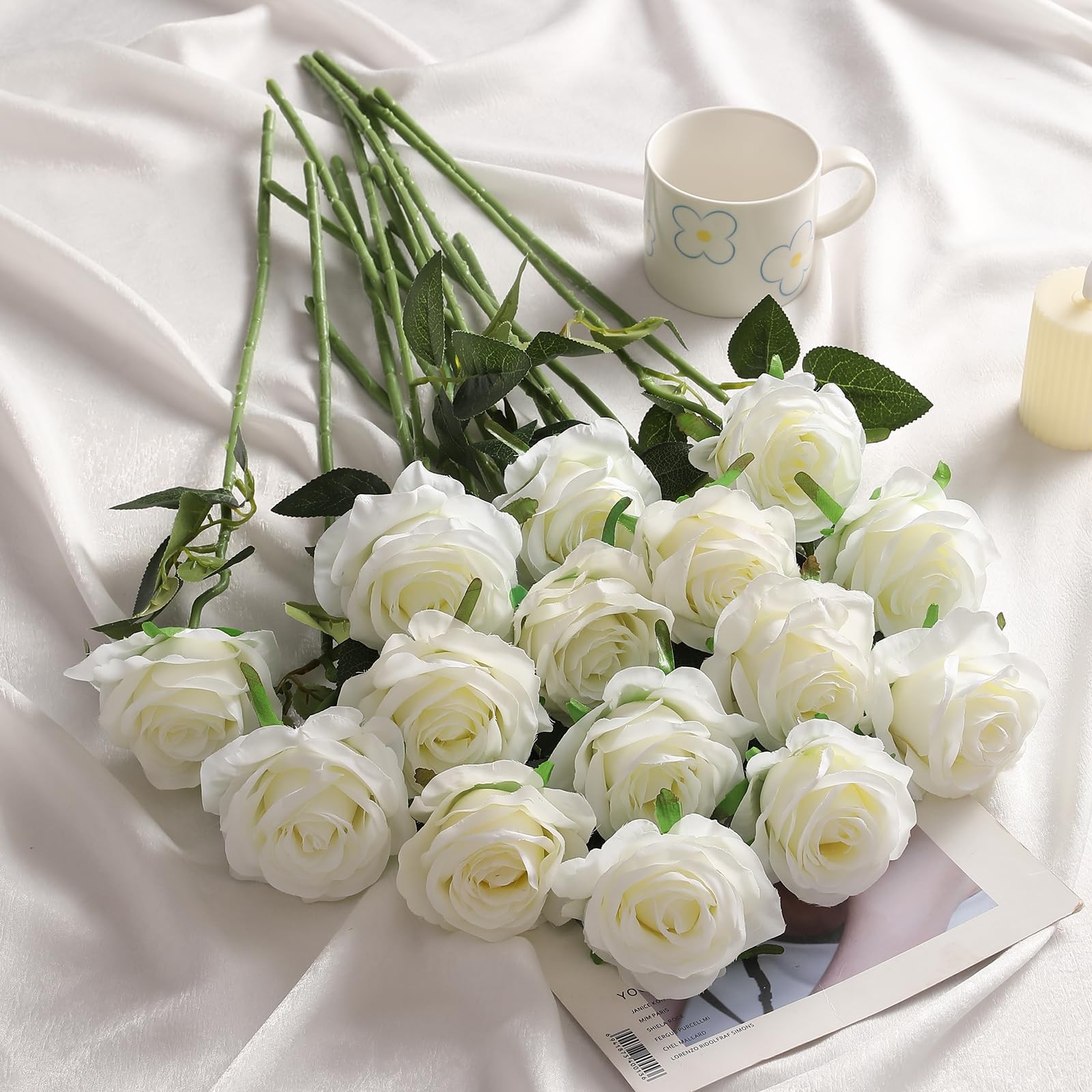 60 Pcs White Roses Artificial Flowers Bulk, Silk Roses with Stem Realistic Wh…