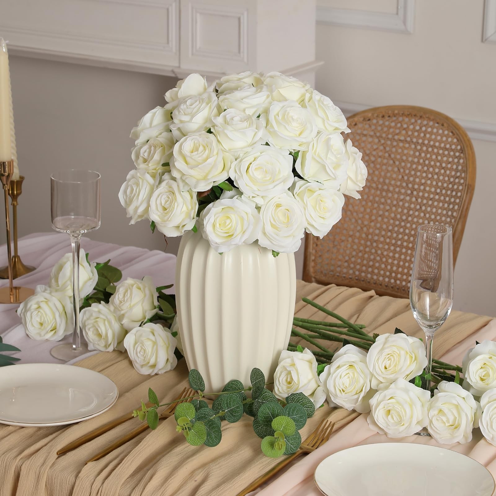 60 Pcs White Roses Artificial Flowers Bulk, Silk Roses with Stem Realistic Wh…