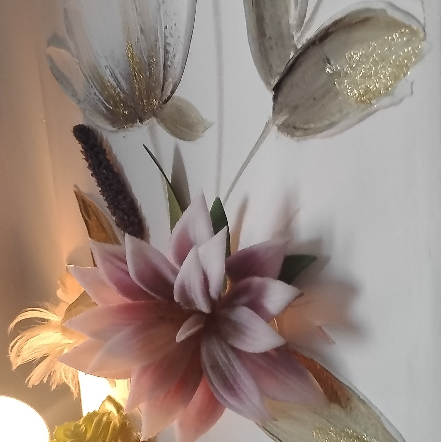 2 Artificial Floral Wall Decor Panel Arrangement, White Gold Pink Purple Green