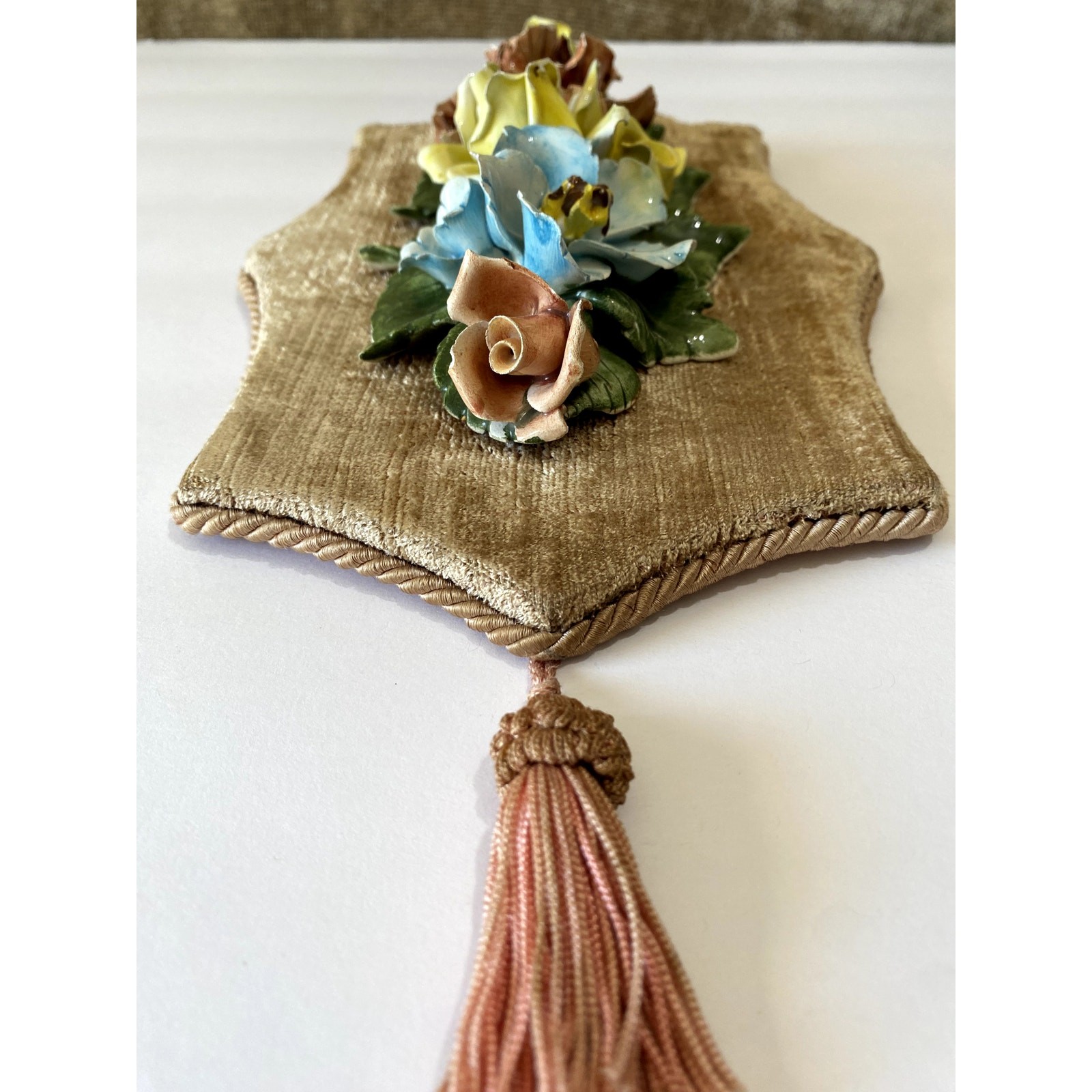 Capodimonte Floral Wall Plaque Porcelain Italy 1960s Velvet Back Tassel 12”
