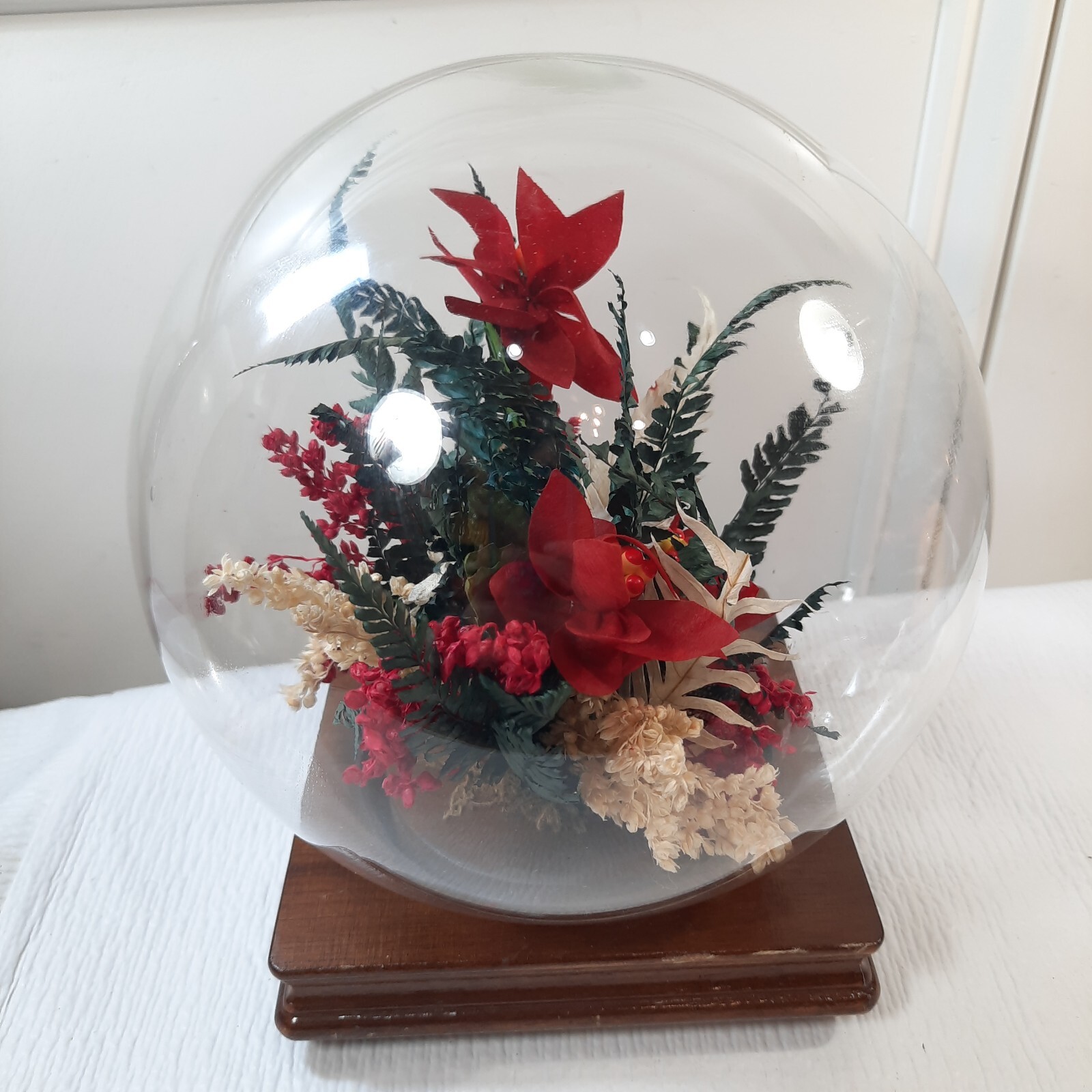 Vintage Floral glass globe terrarium wood base red poinsettia flower centerpiece