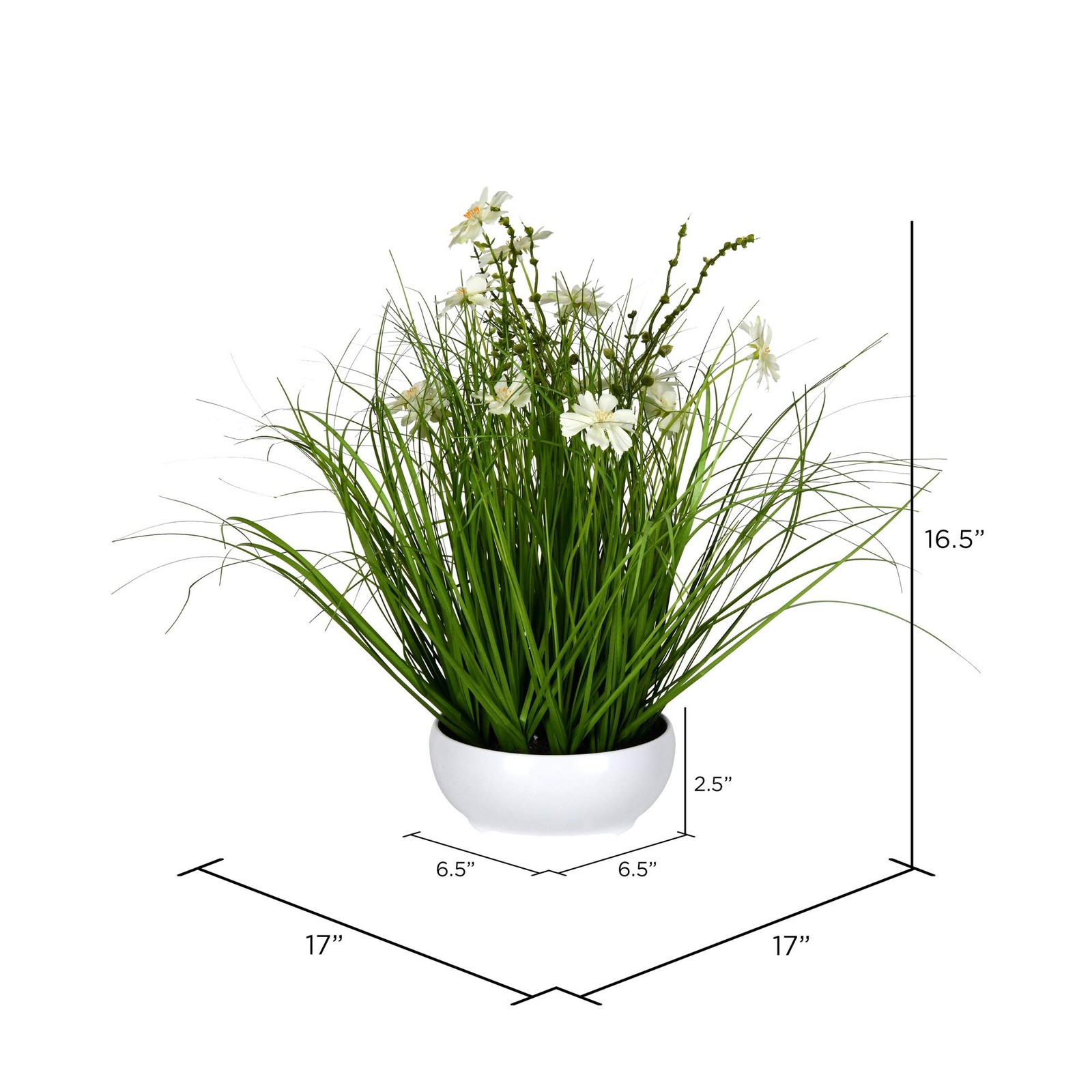 Pemberly Row 16.5″ Fabric Artificial Potted Cosmos with Green Grass in Cream