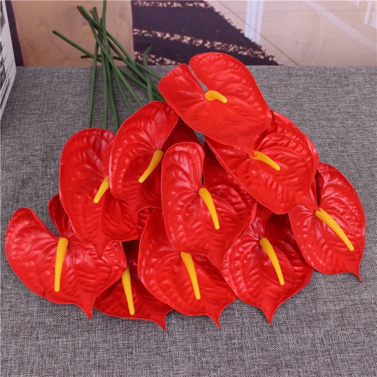 Faux Anthurium Lilies Home Decor Bouquet With Green Leaves Red Fits 27 Inch