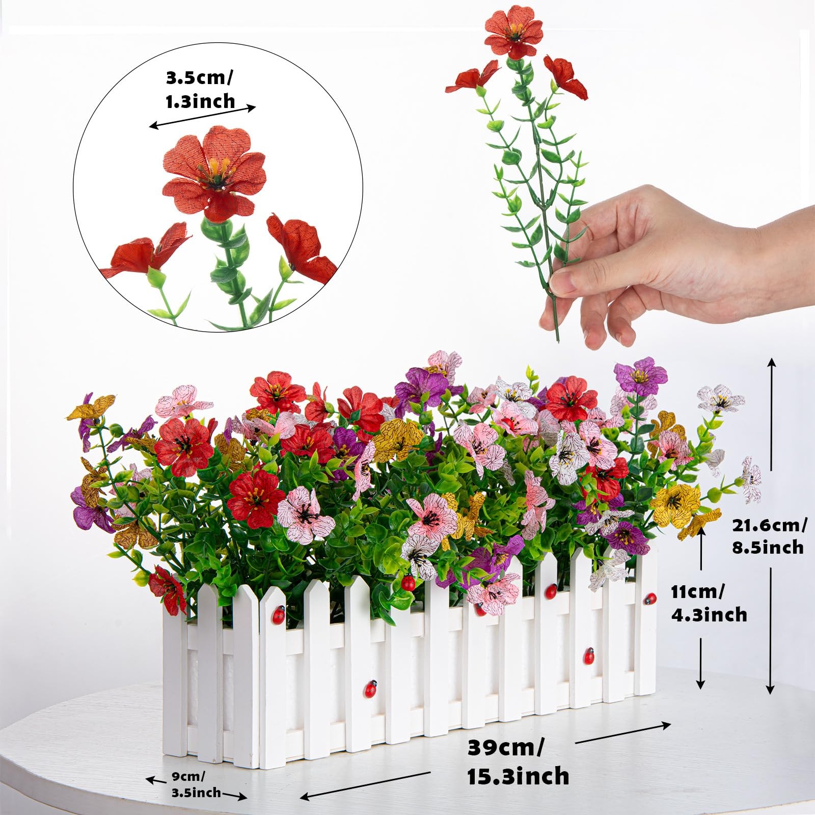 Artificial Colorful Flowers Plants in Picket Fence Pot, Fake Silk Flowers Euc…