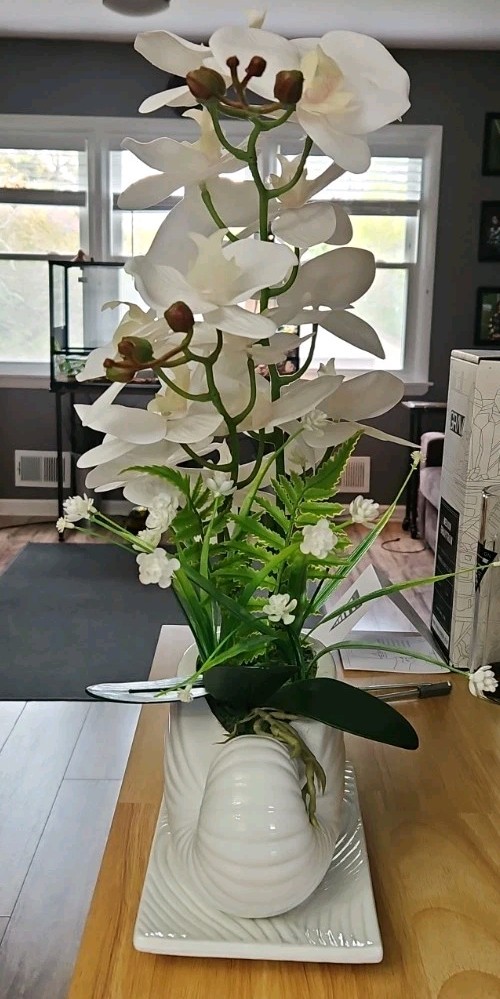 Artificial White Orchid Floral Arrangement in White Ceramic Pot Artificial Soil