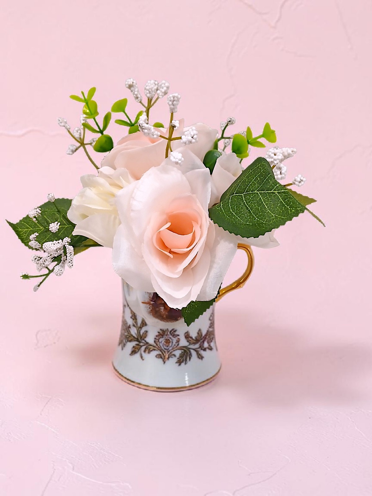 Silk Floral Arrangement Dainty Pink Roses Leaf Tea Party Cup POP-IN Love Romance