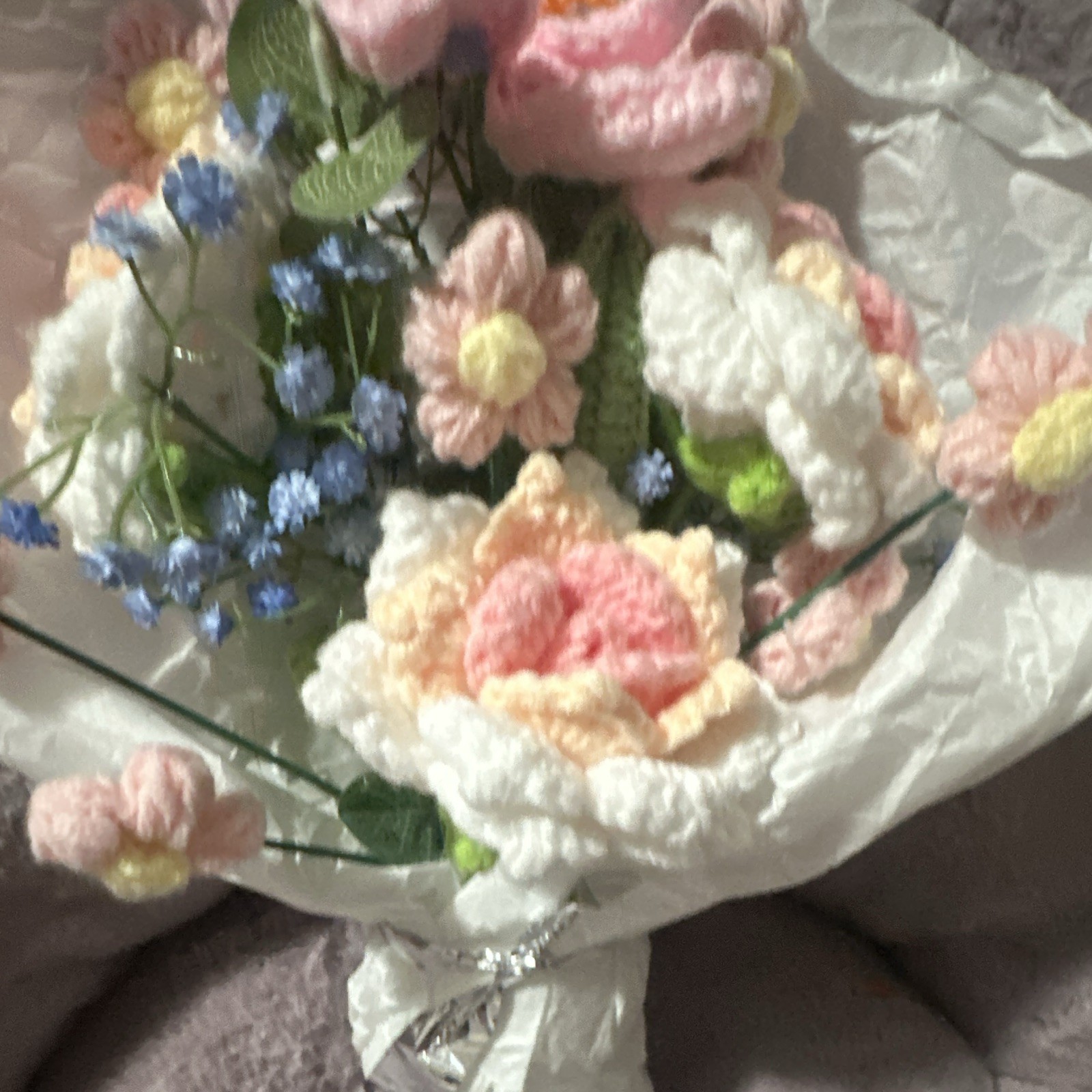 Handmade Crochet Yarn Artificial Mixed Flower Bouquet Pink White Blue Green
