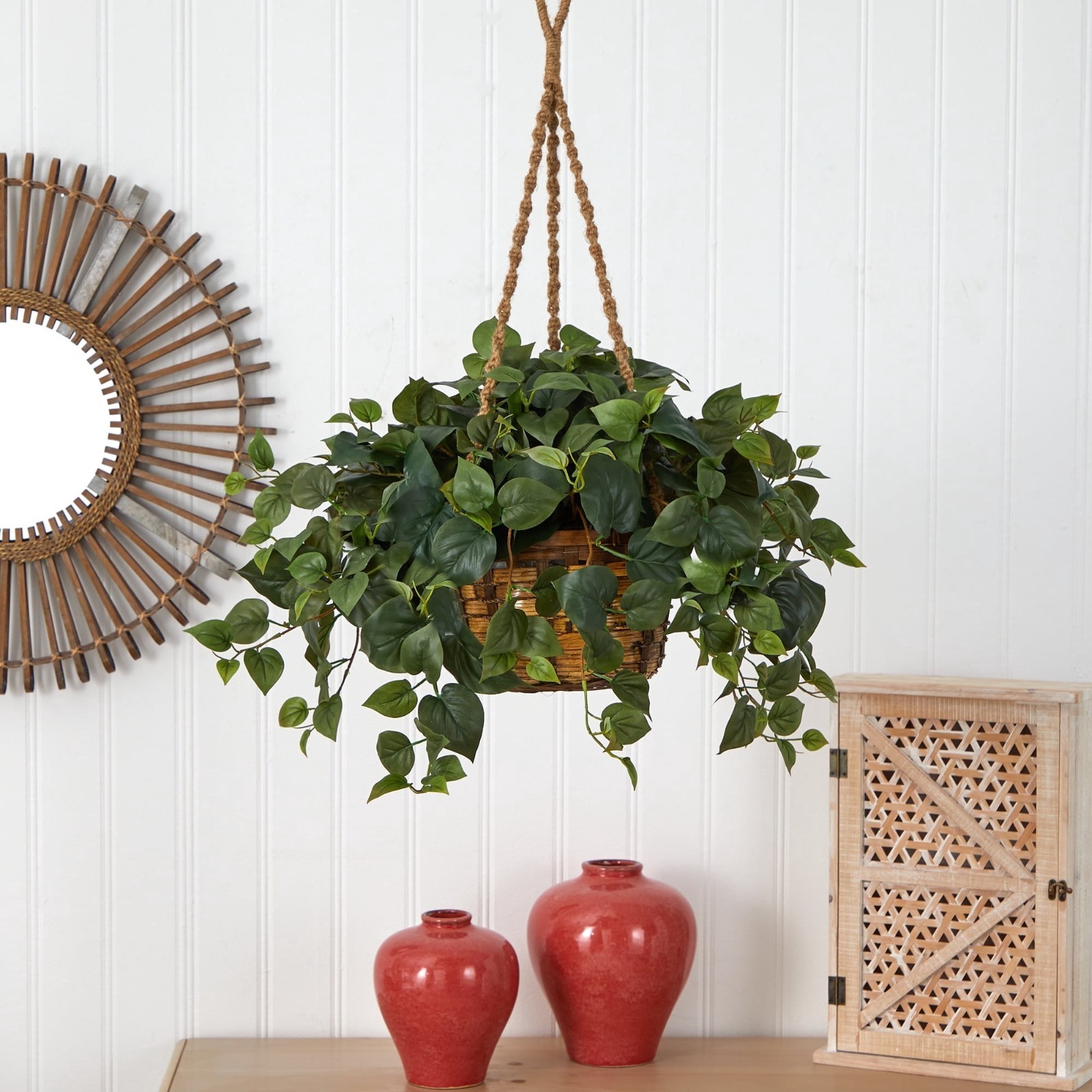 24 Inch Artificial Philodendron Plant Hanging Basket Silk Faux Greenery Indoor