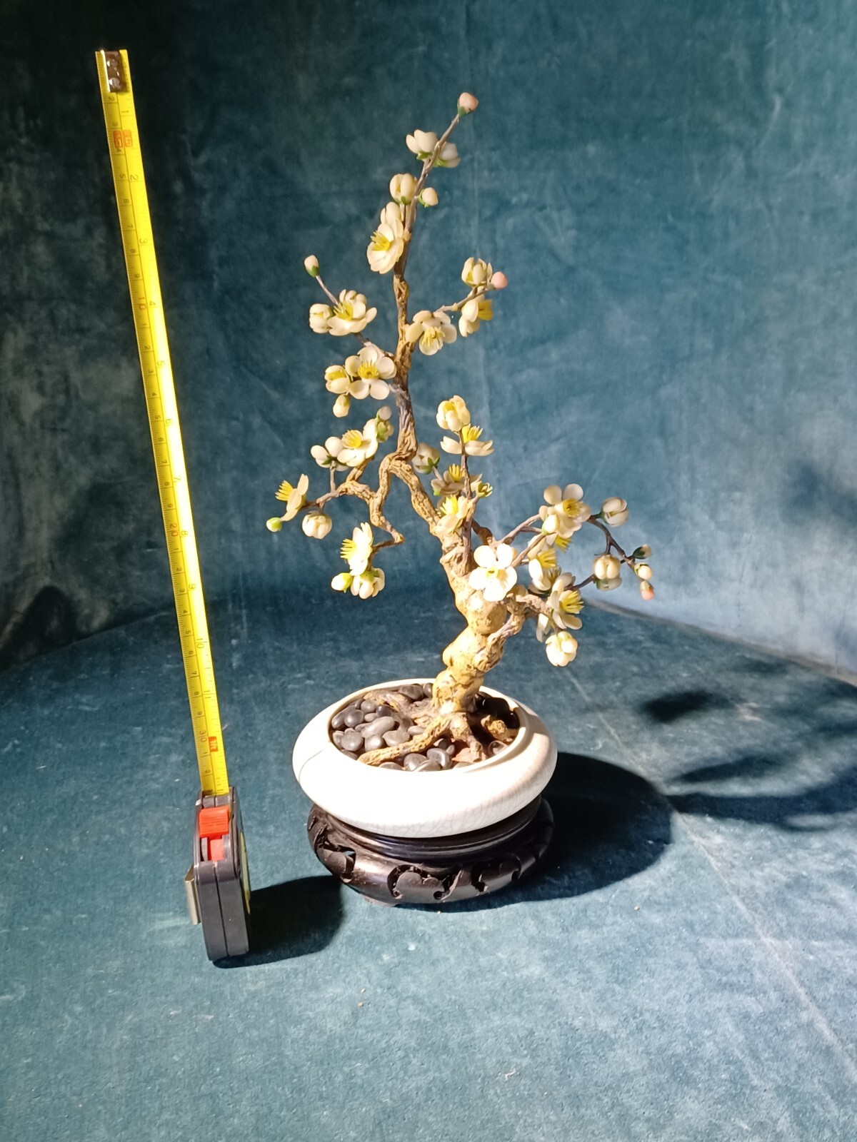 Bonsai Tree Vintage Retro 14″ Artificial Plum Blossom ceramic pot wood pedestal
