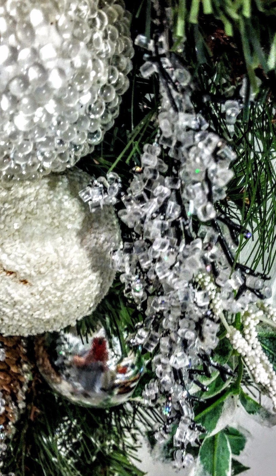 NWT 37″T Christmas Teardrop-Snowy & Icy Pine, Cones & Silver & White Ornaments
