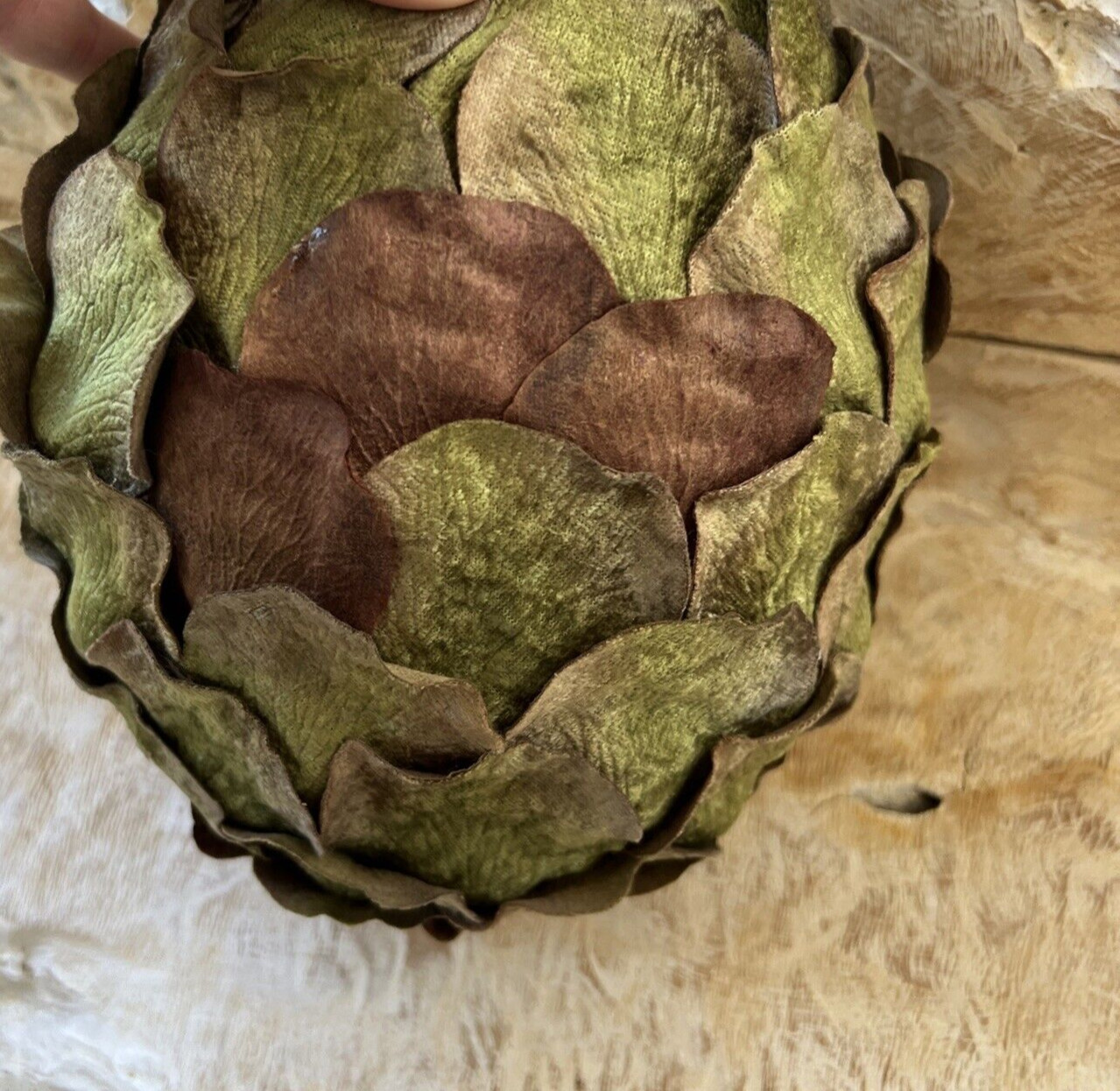 Decorative Artichoke Lightweight Green and Brown Velvety Leaves 10 ” Tall