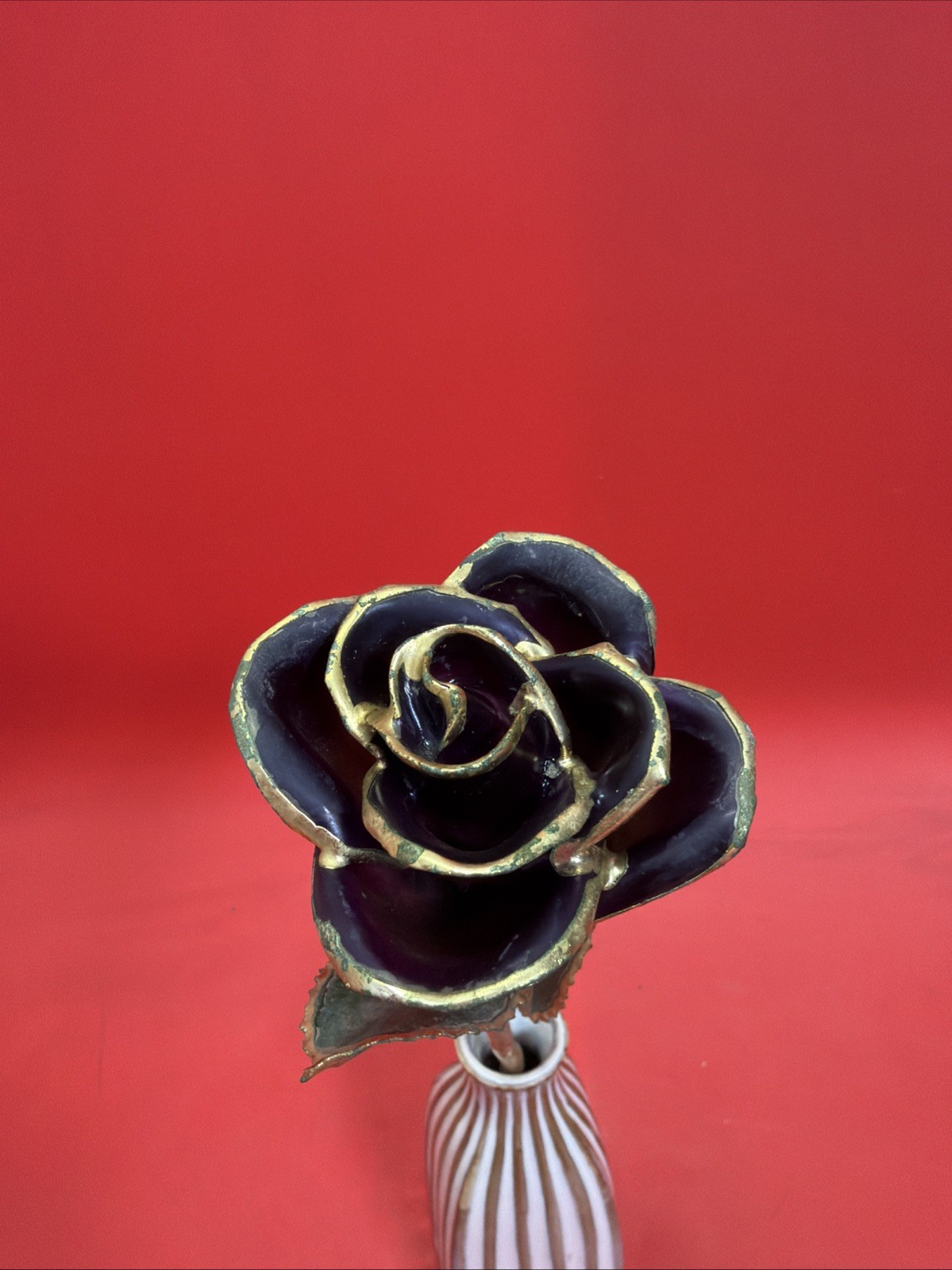 Vintage Gold-Tone Metal Purple Rose 🥀 w Ceramic Vase 4.75” Decor