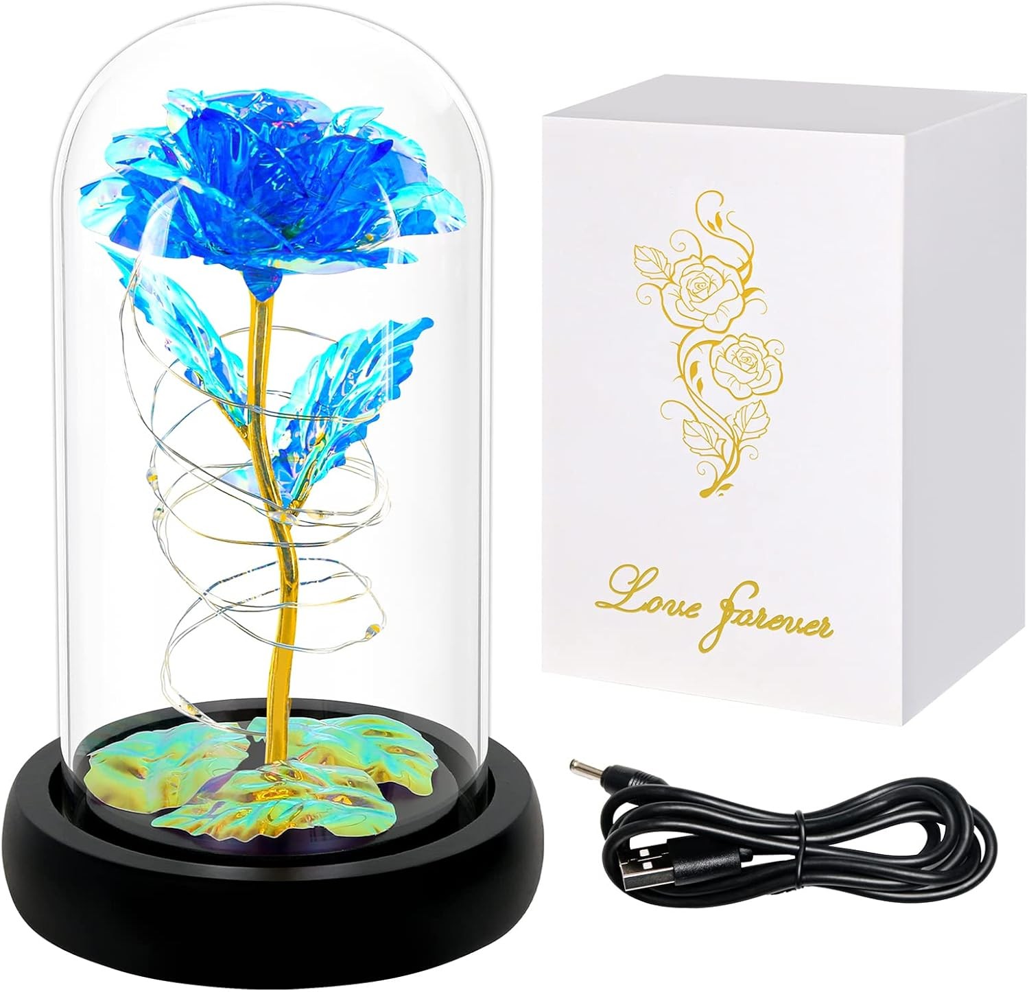 Blue Colorful Artificial Flower Rose Gift, Light up in Glass Dome, Women Gifts