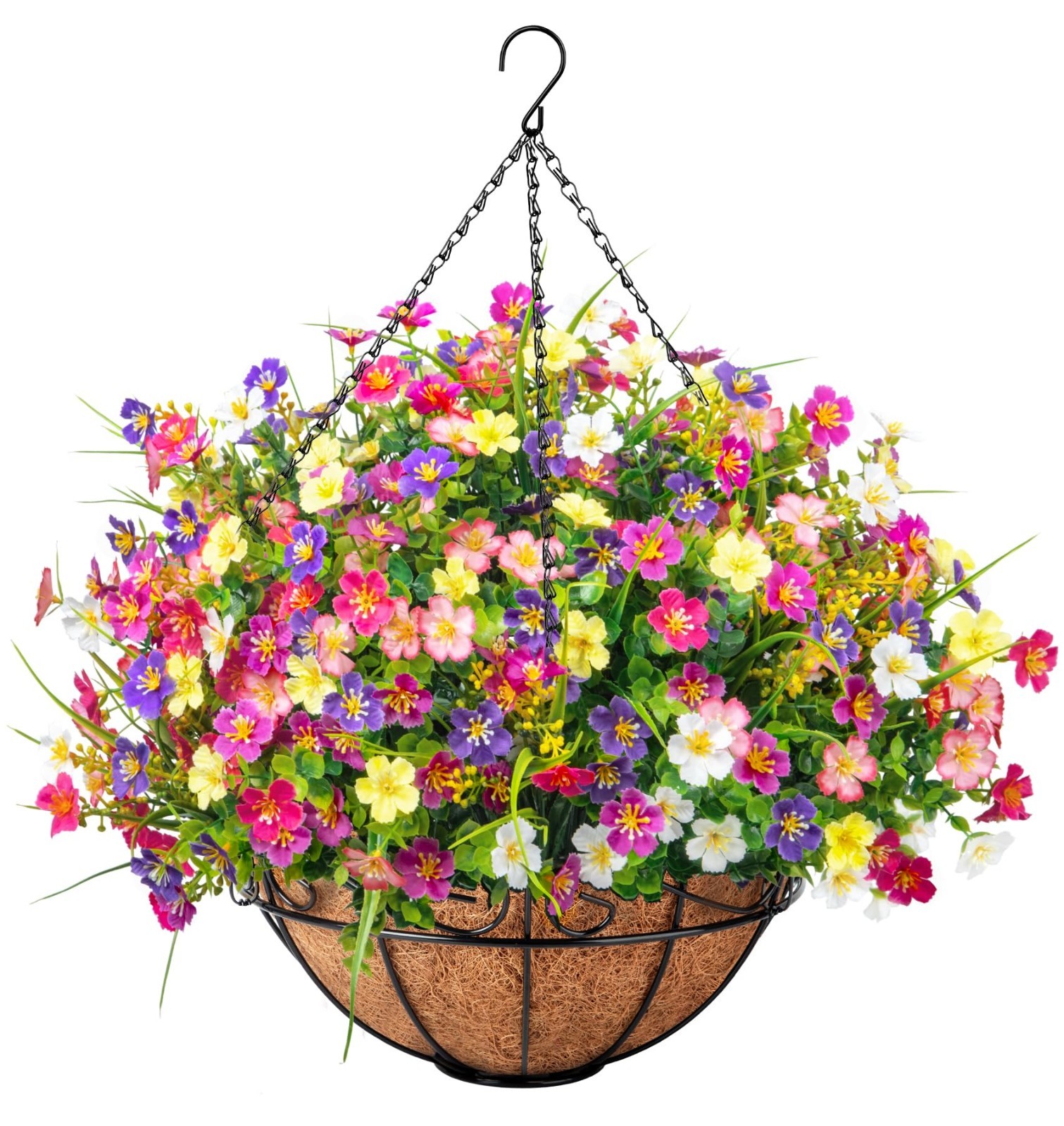 Faux Hanging Flowers in Coconut Basket – Vibrant Silk Plants for Outdoor Decor,