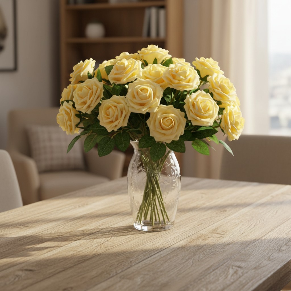 Elegant 25Pcs Artificial Goose Yellow Roses with Leaves for Festive Arrangements