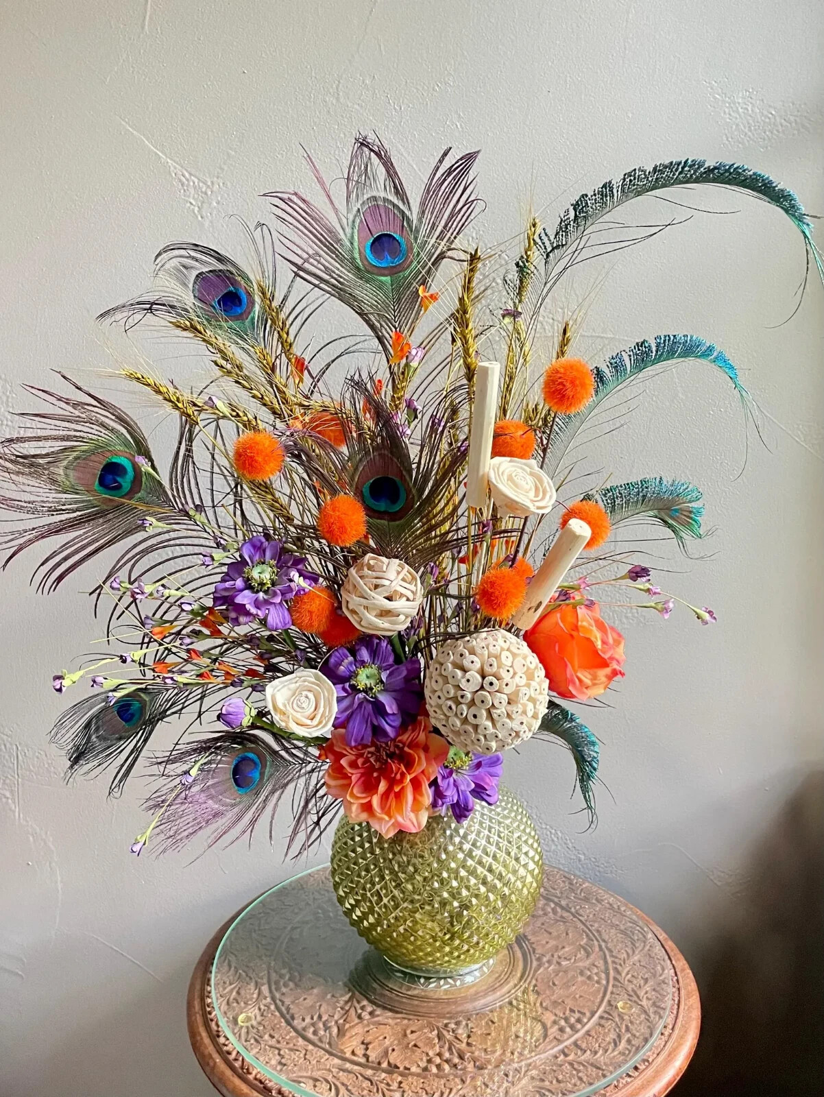 Peacock Centerpiece: Earthy Floral Arrangement, Cute Purple & Orange Room Decor