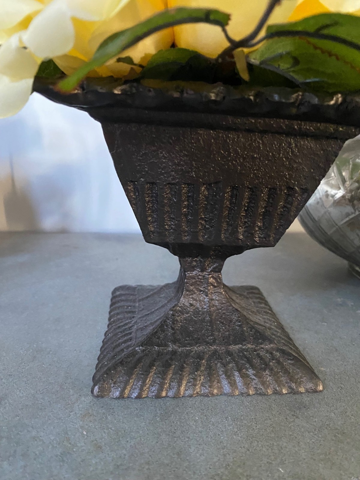 Silk Yellow Roses Faux Flower Arrangement Bronze Pedestal Metal Vase