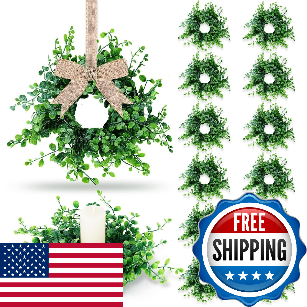12 Pcs Mini Green Boxwood Candle Rings Wreaths Spring Summer Kitchen Cabinet Swa