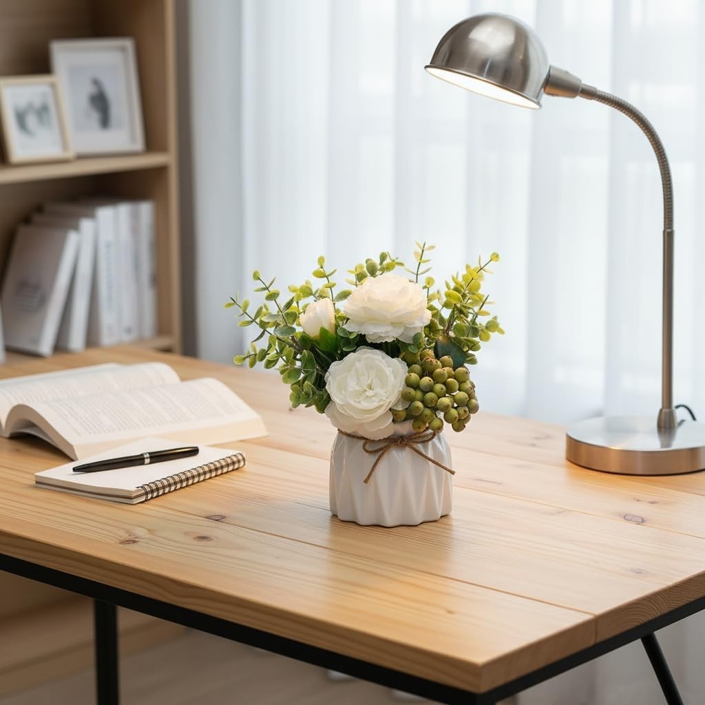 Elegant White Peony Floral Arrangement in Ceramic Vase – Low Maintenance Decor