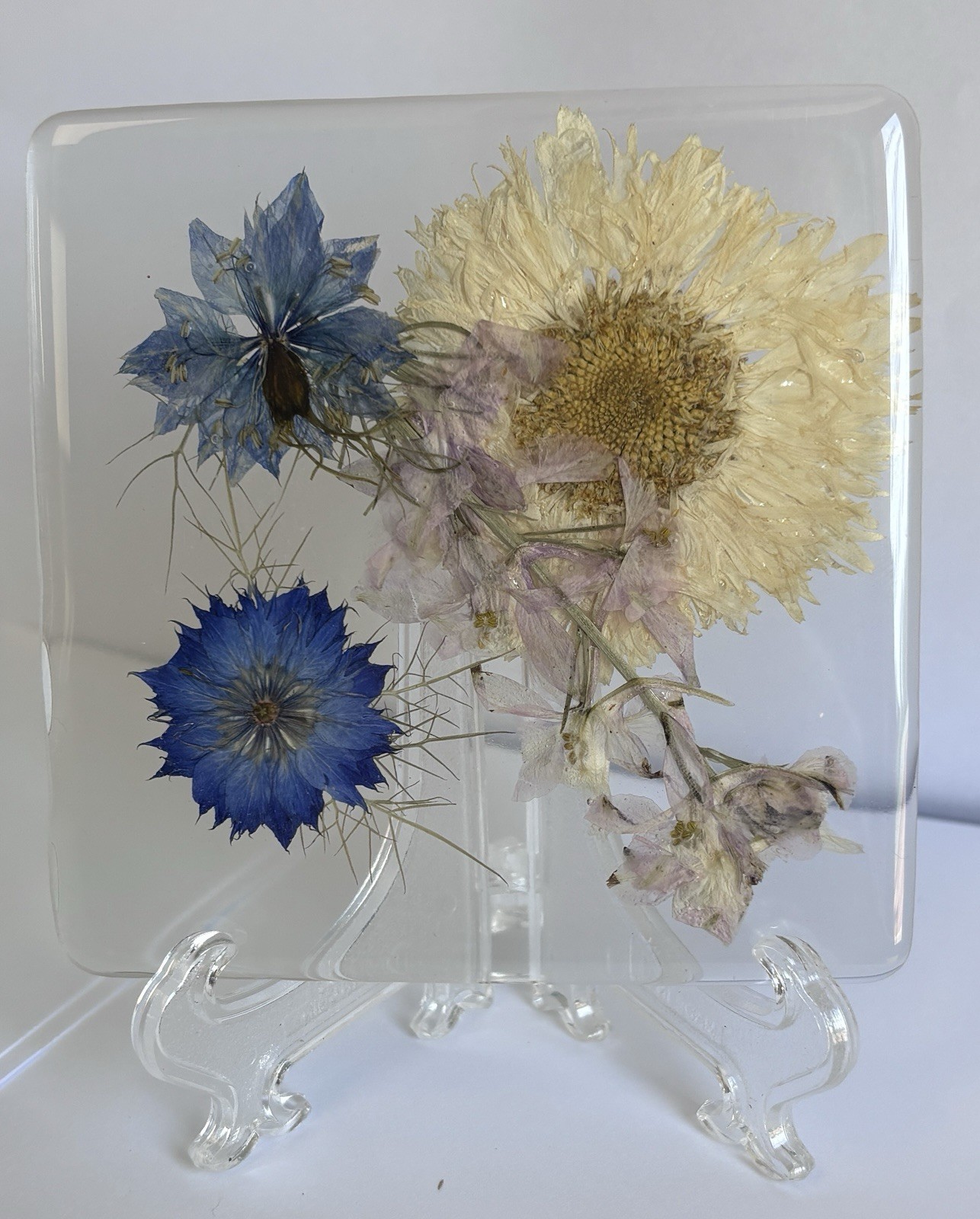 Pressed Flower Resin Block Art Blue Floral Desk Display Decor 3.5 X 3.5 Boho