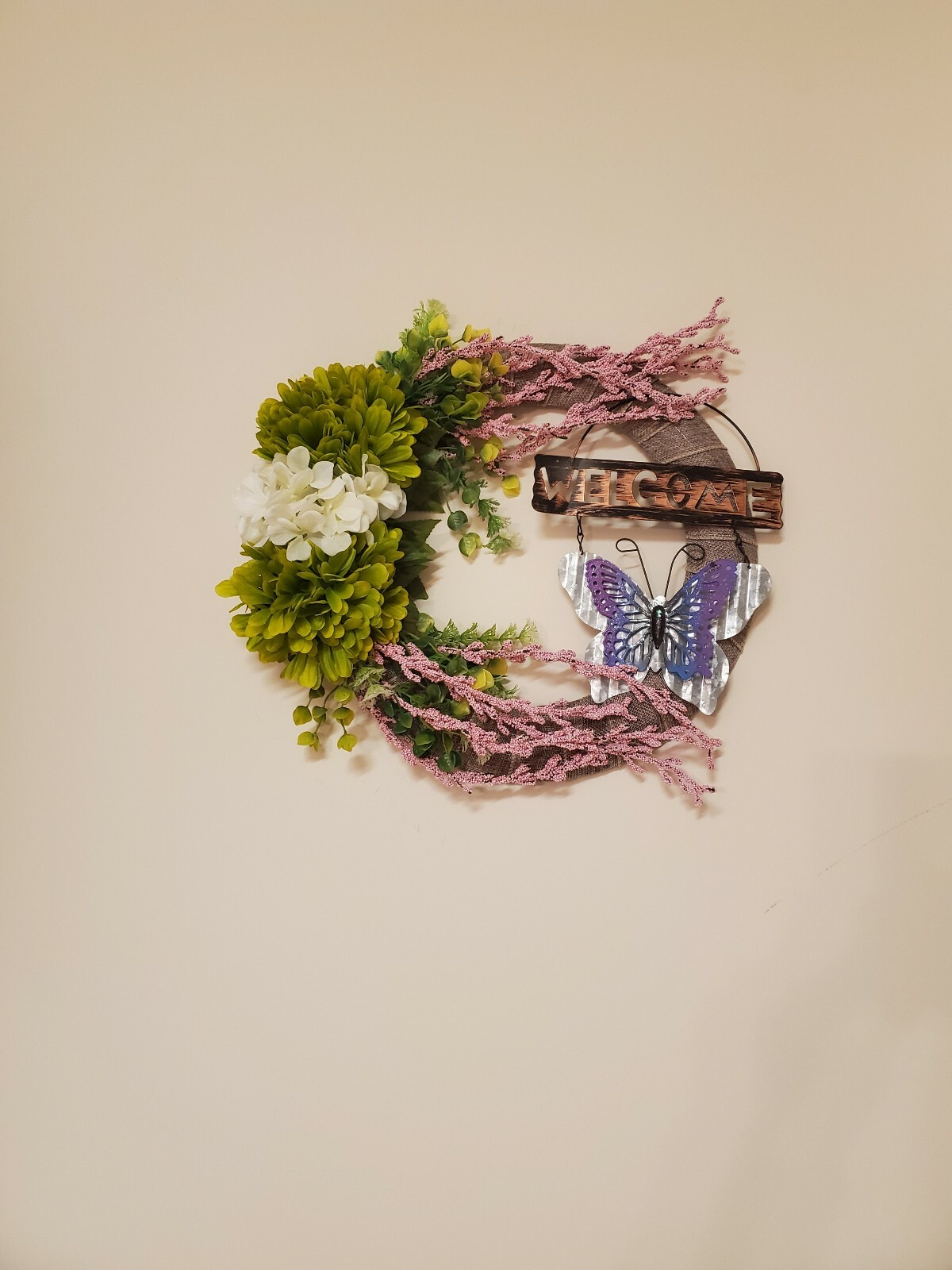 WELCOME fall spring Wreath green white pink FLOWER beige burlap Decor Front Door