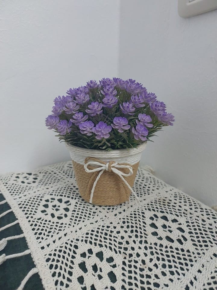 Artificial Lavender Purple Flowers in Rustic Burlap Pot Farmhouse Home Decor