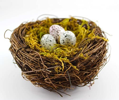 Handmade Rattan Birds Nest Set of 4 with 12 Artificial Eggs & Moss for Easter De