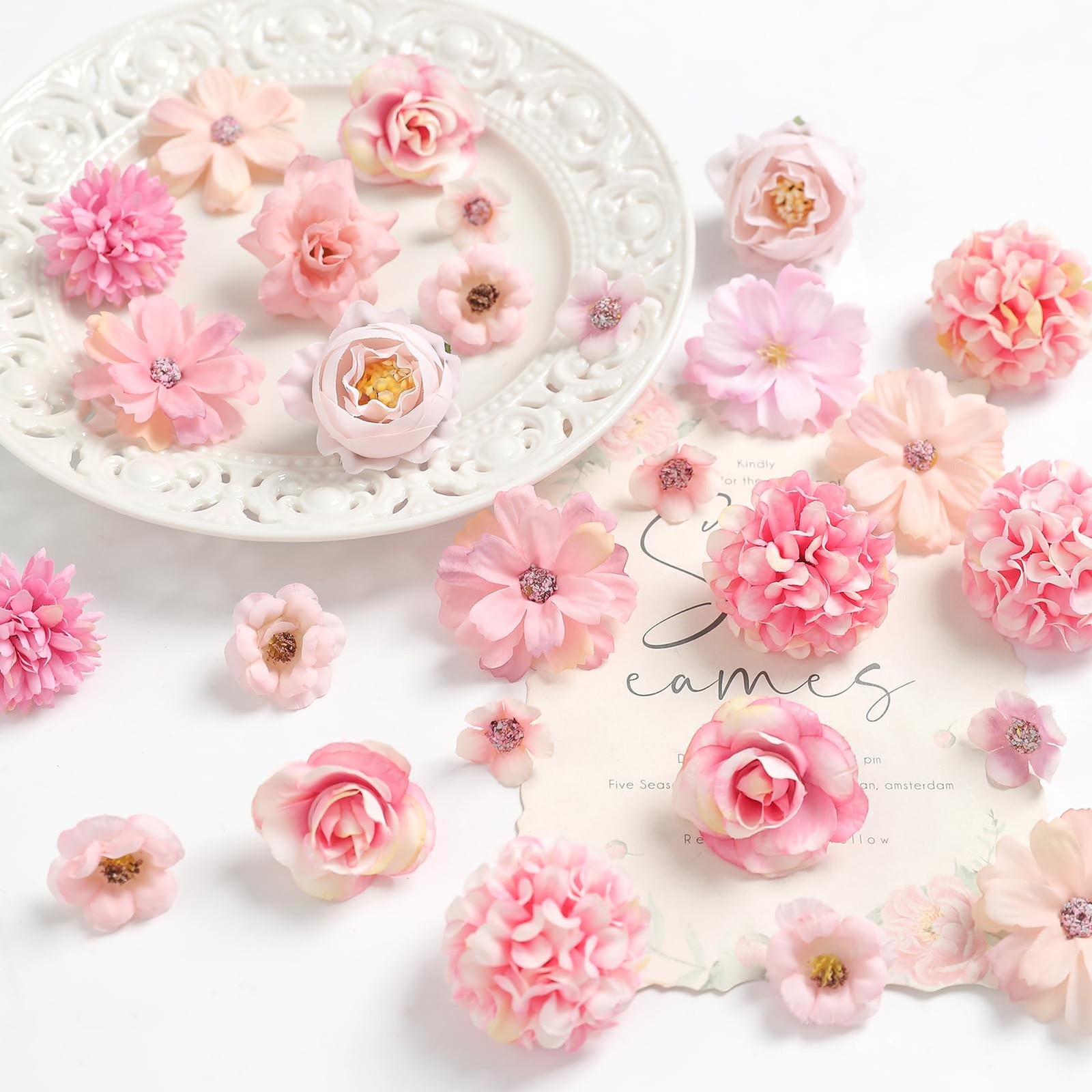 Faux Flower Heads Mini Pink Artificial Flower Heads Fake Peony Daisy Rose Flo…