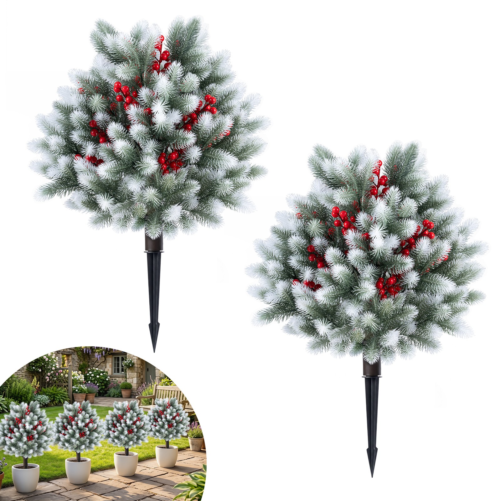 2PCS 27.5″ Artificial Cedar Topiary Ball Trees w/Ground Spikes, Indoor & Outdoor