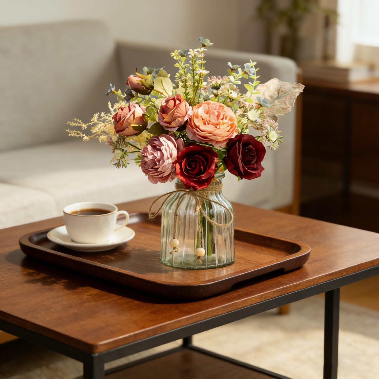 Fake Artificial Flowers with Vase Faux Silk Flower Bouquet in Glass Vase Rose…
