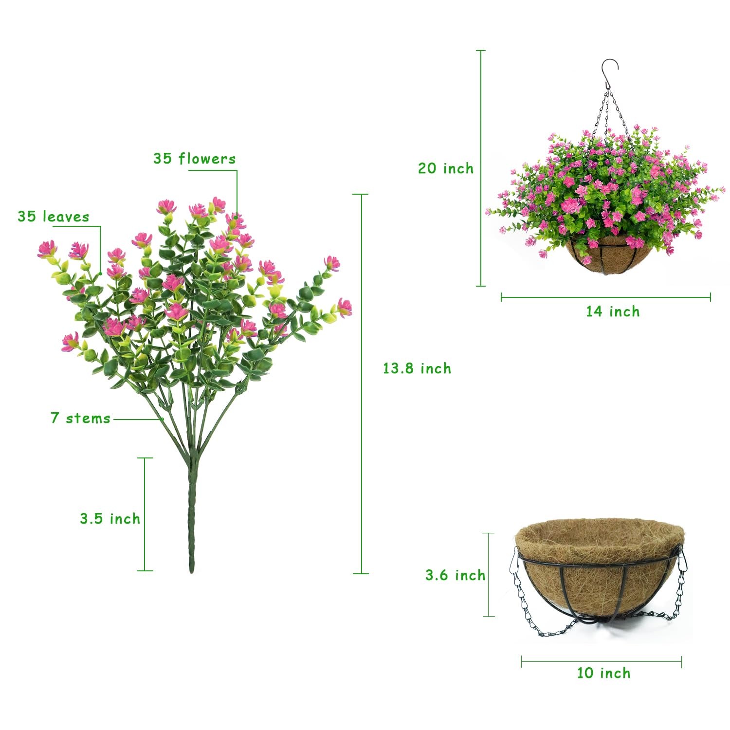 New Artificial Hanging Flowers Basket, 12 UV-Resistant Bundles of Realistic Fake
