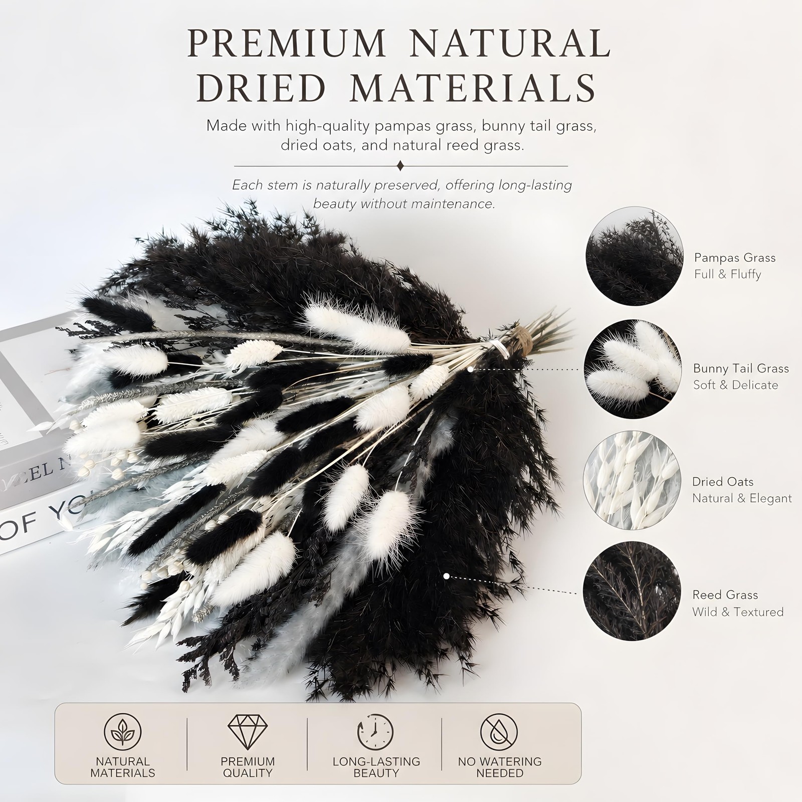 Black Pampas Grass Bouquet, Handmade Dried Flower Arrangement Decor