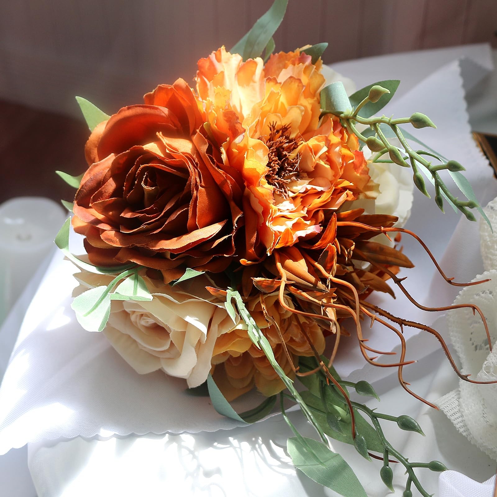 4 PCS 7 Inch Burnt Orange Artificial Flowers Bridesmaid Bouquet Wedding Decor
