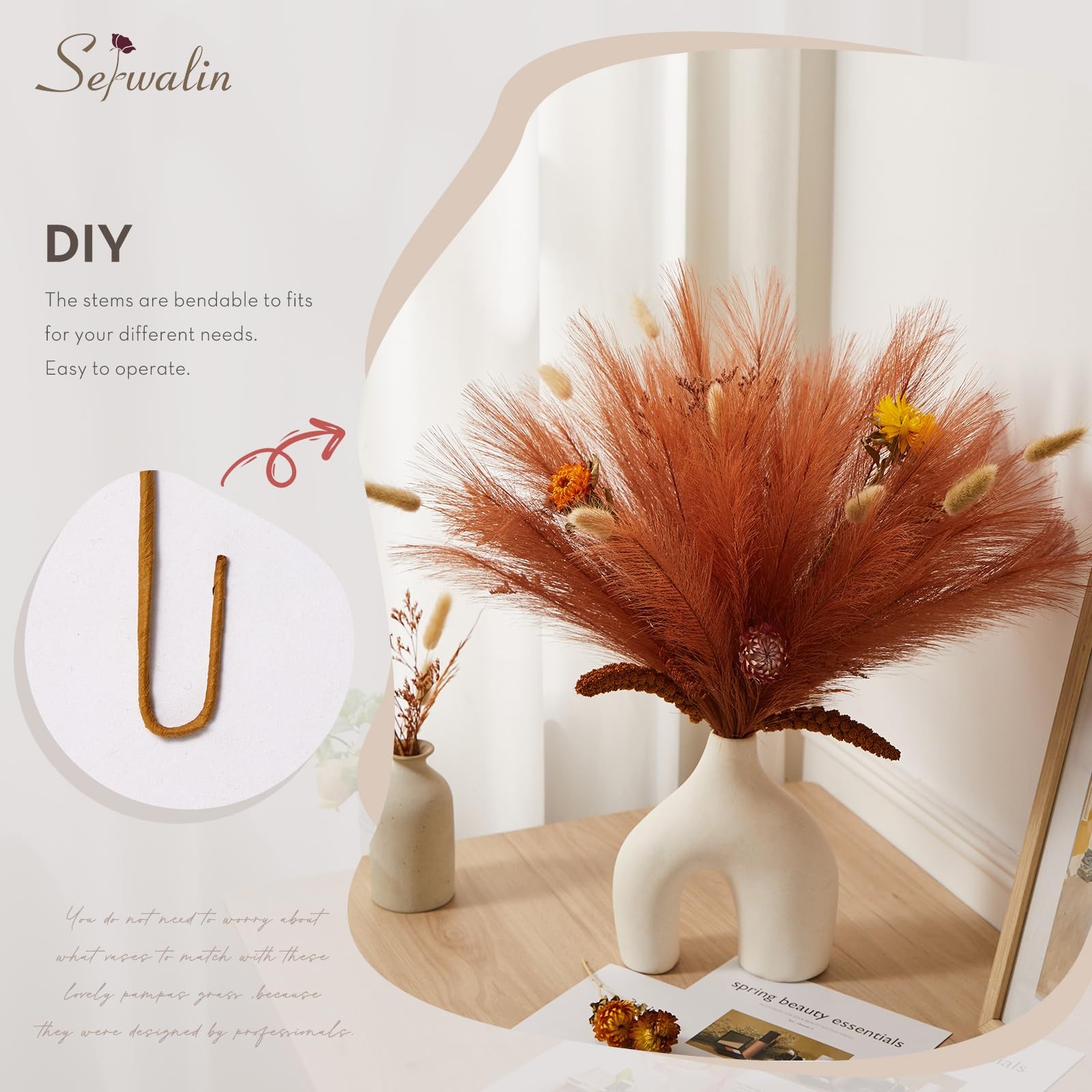 60PCS Burnt Orange Pampas, 17.7inch Terracotta Pampas Grass Decor, Fall Faux …