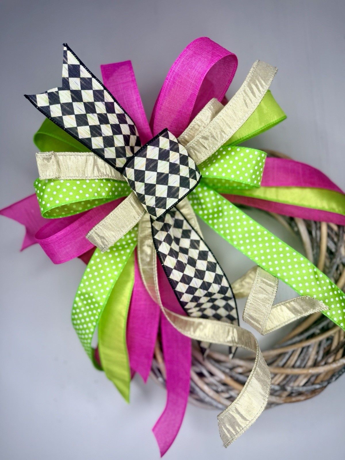 Easter Bow, Spring Bow, Harliquin Ribbon Wreath Decor