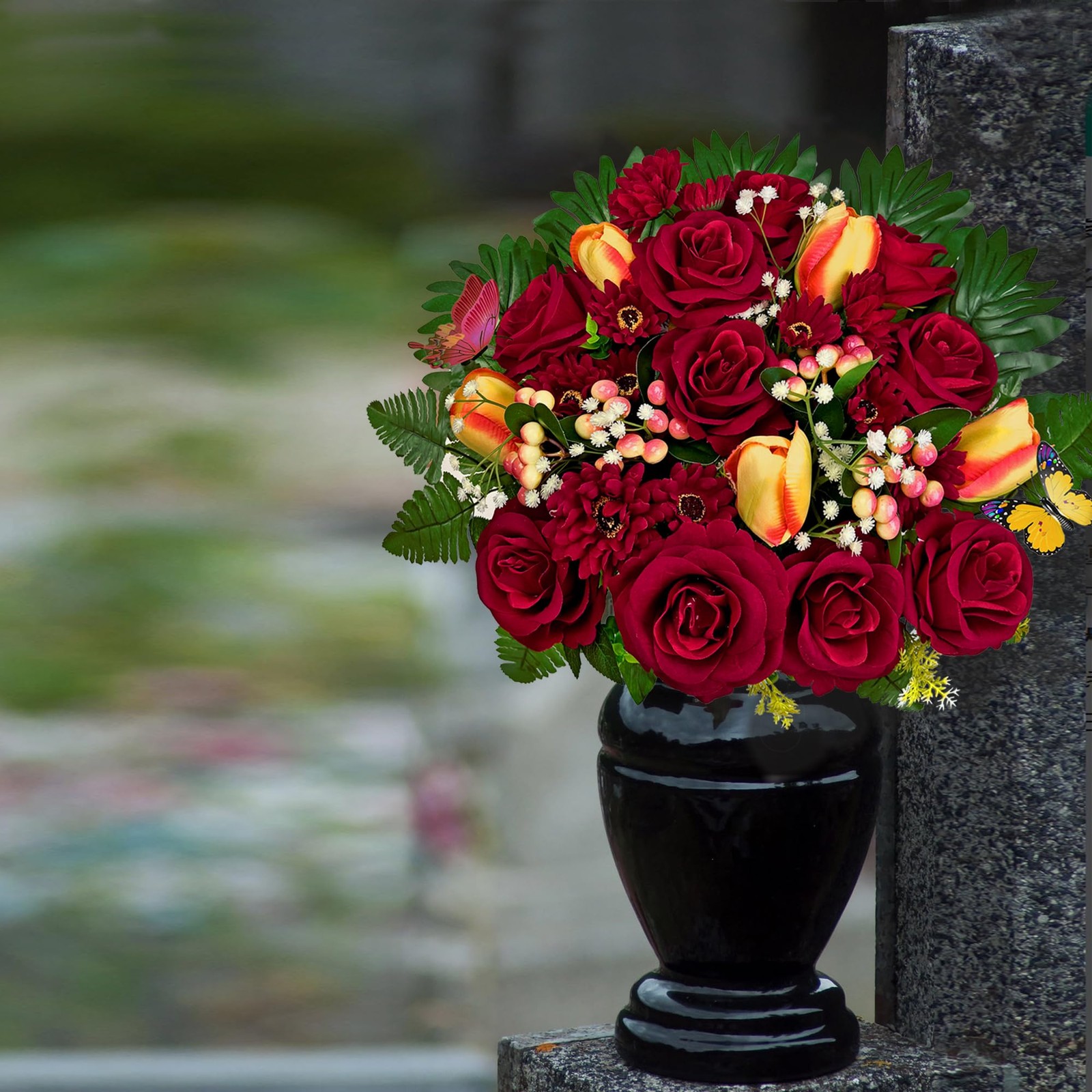 Artificial Cemetery Flowers for Grave,Memorial Flowers Bouquet with Vase for …