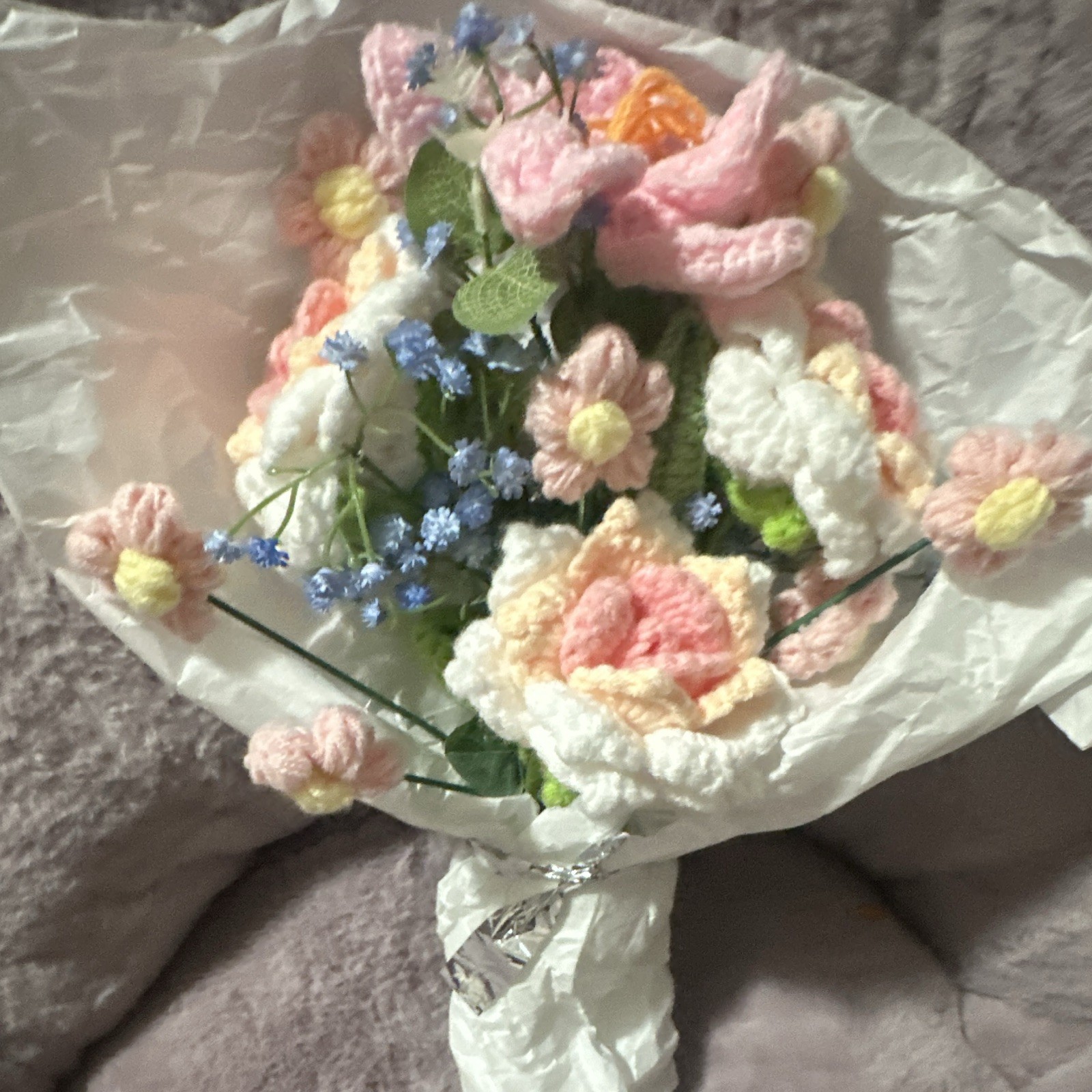 Handmade Crochet Yarn Artificial Mixed Flower Bouquet Pink White Blue Green