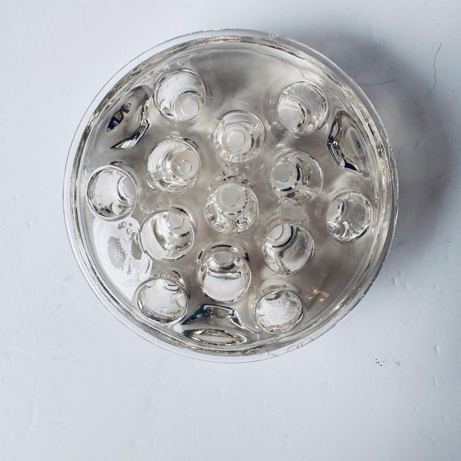Vintage Clear Glass Flower Frog 13 Hole Domed Floral Stem Holder Heavy Glass